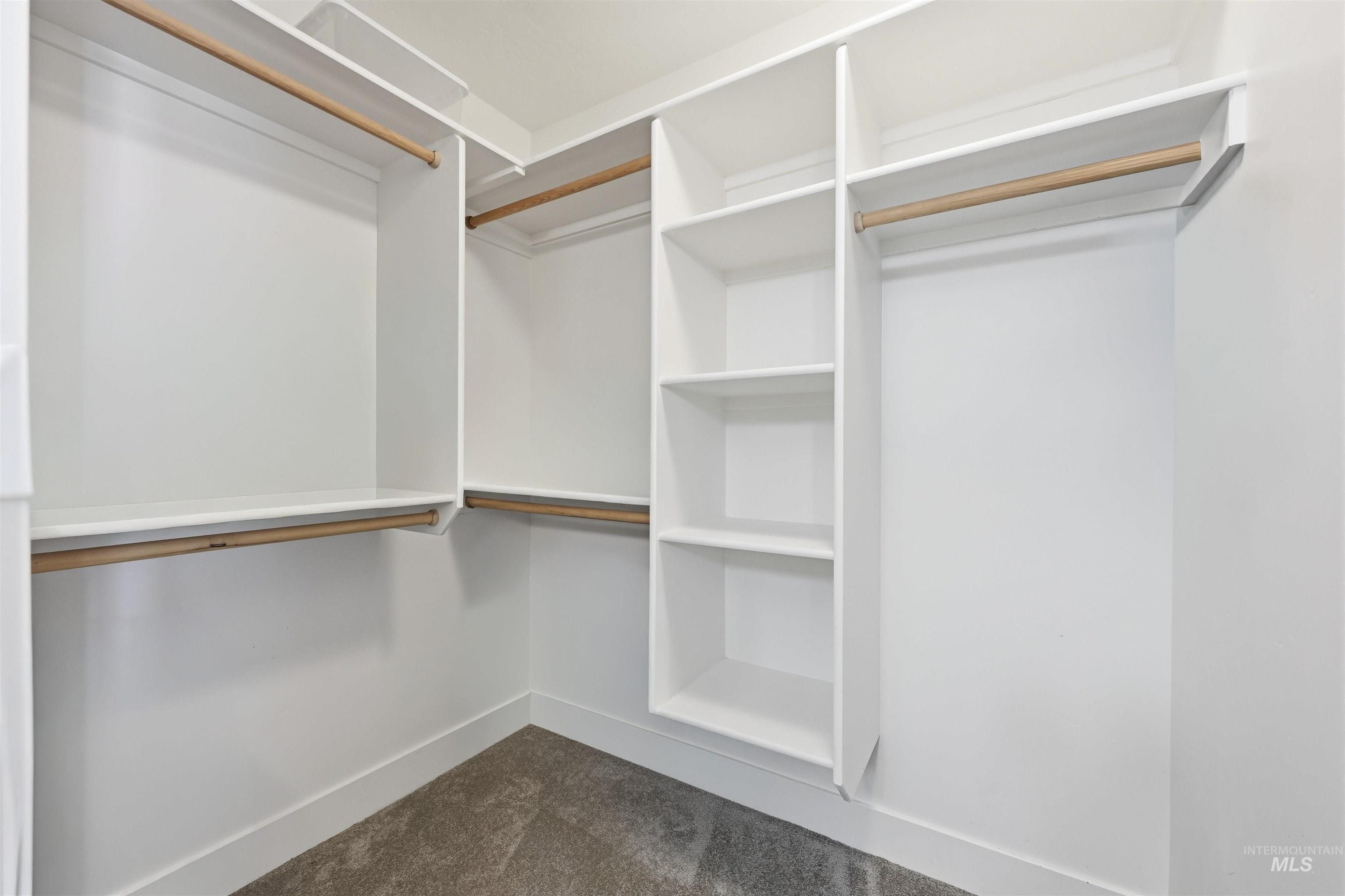 Walk in closet featuring dark colored carpet