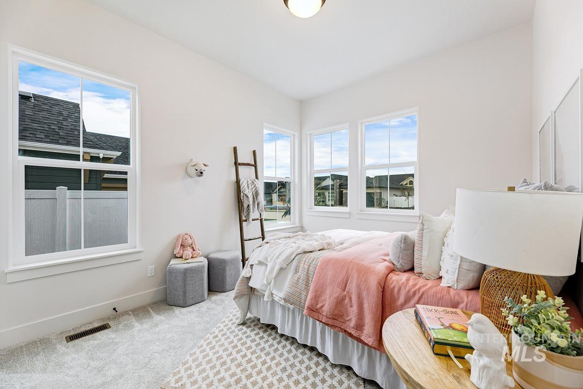 Carpeted bedroom featuring multiple windows