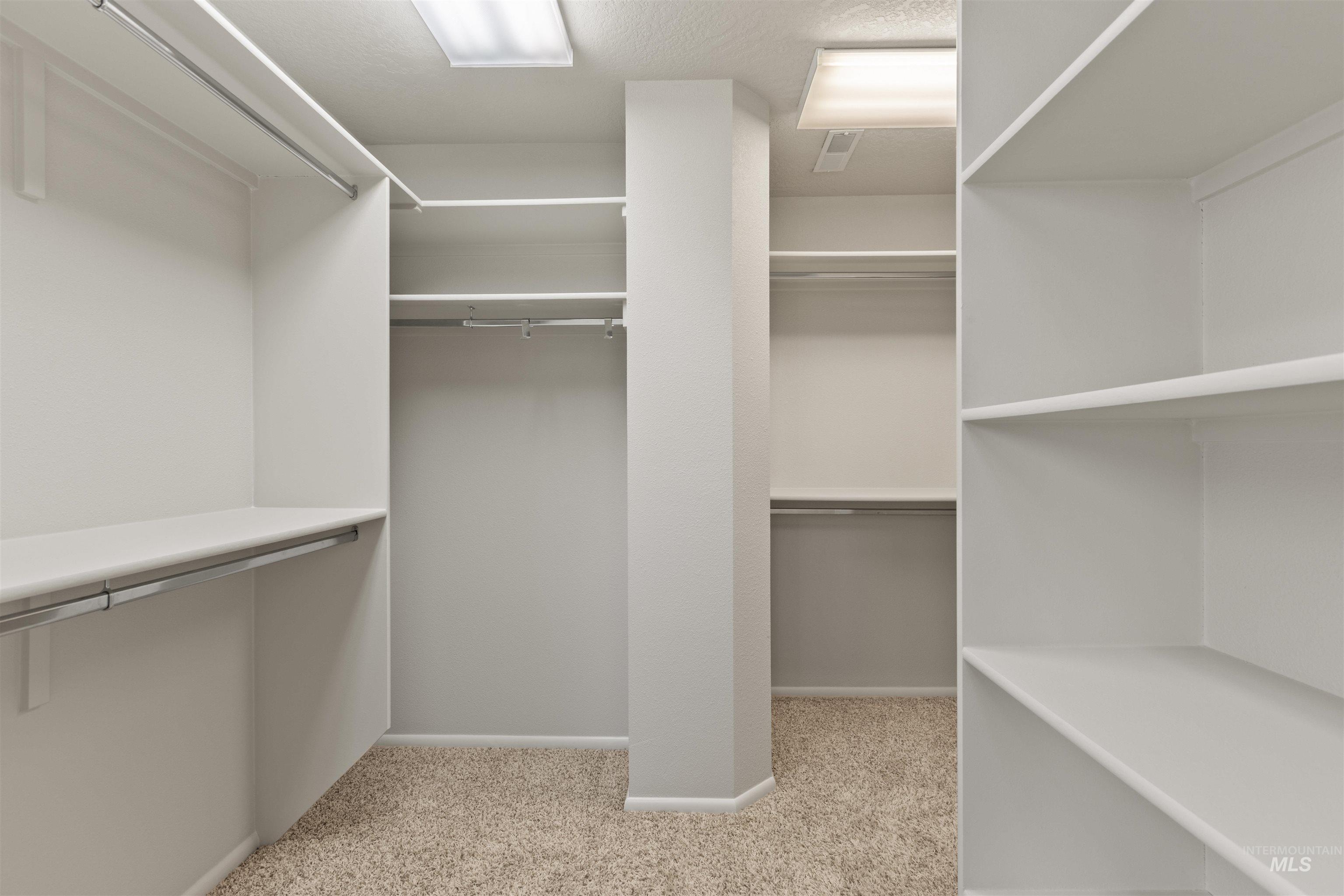 Walk in closet featuring light carpet