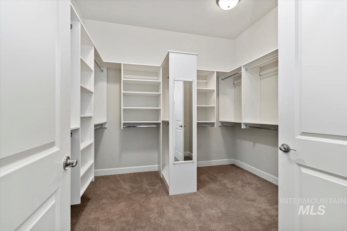 Spacious closet with dark carpet