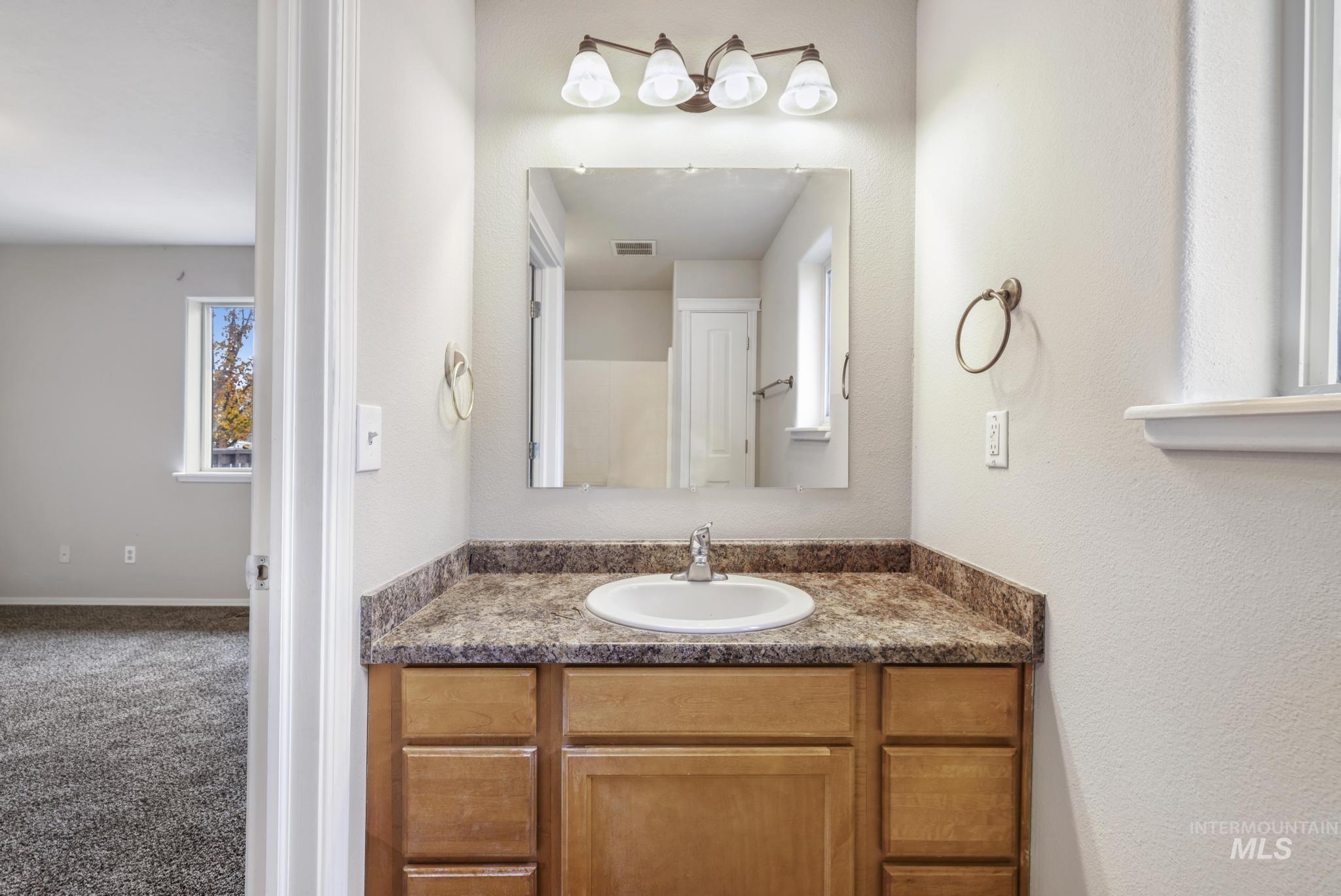 Bathroom with vanity, carpet floors, and a textured wall