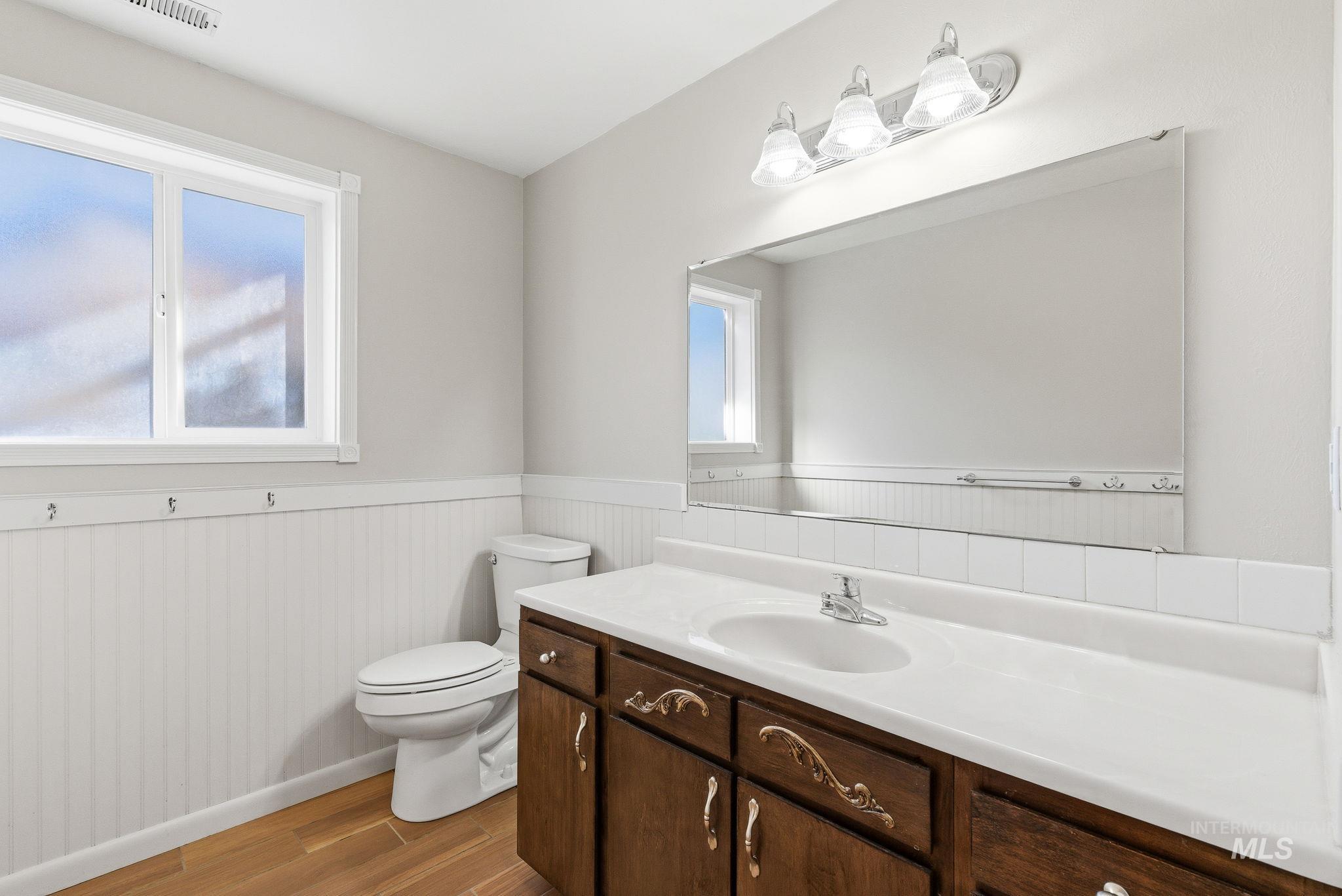 Bathroom featuring vanity, a wainscoted wall, light wood-type flooring, and plenty of natural light