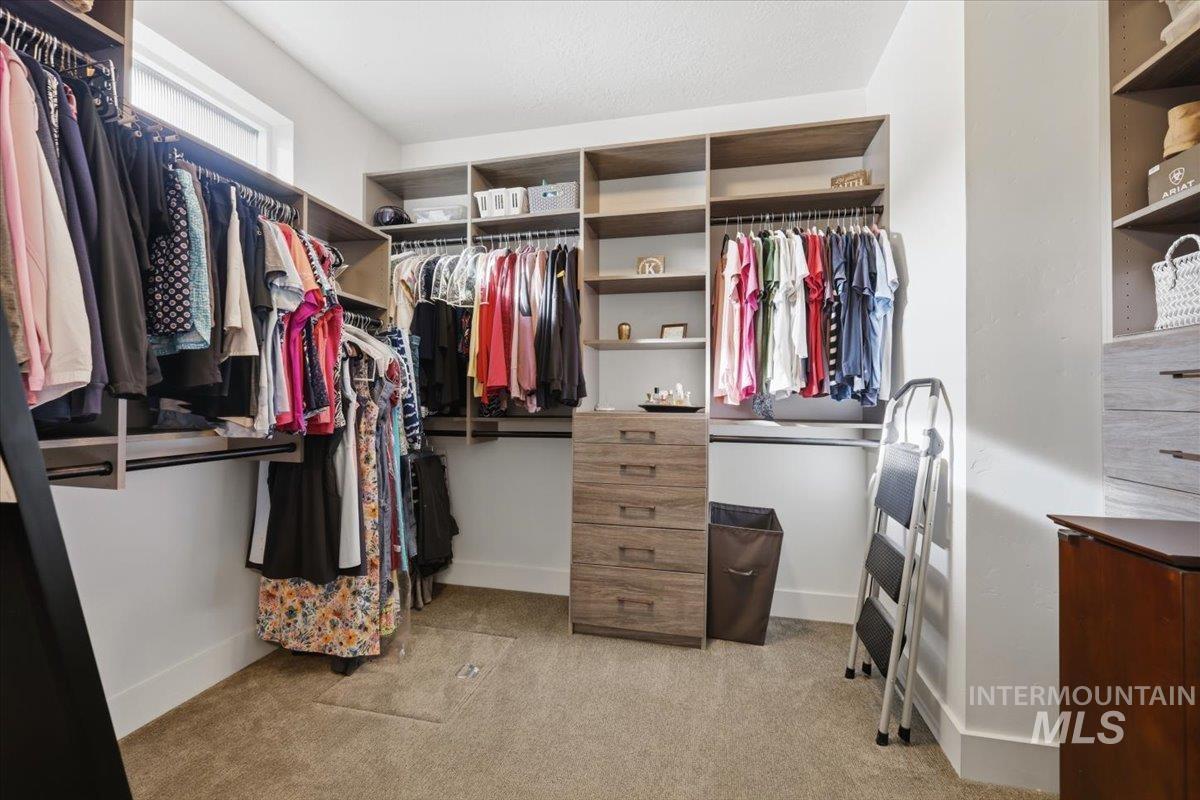 Walk in closet with light carpet