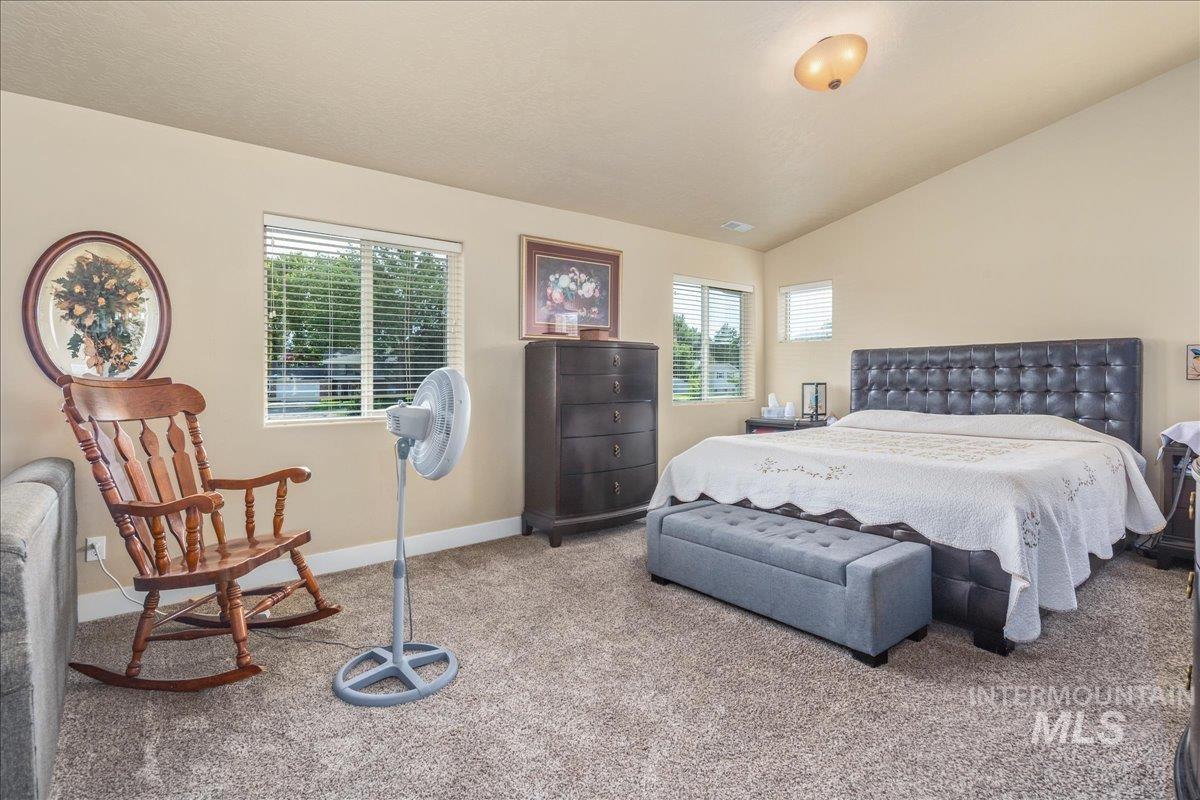 Carpeted bedroom with vaulted ceiling and multiple windows