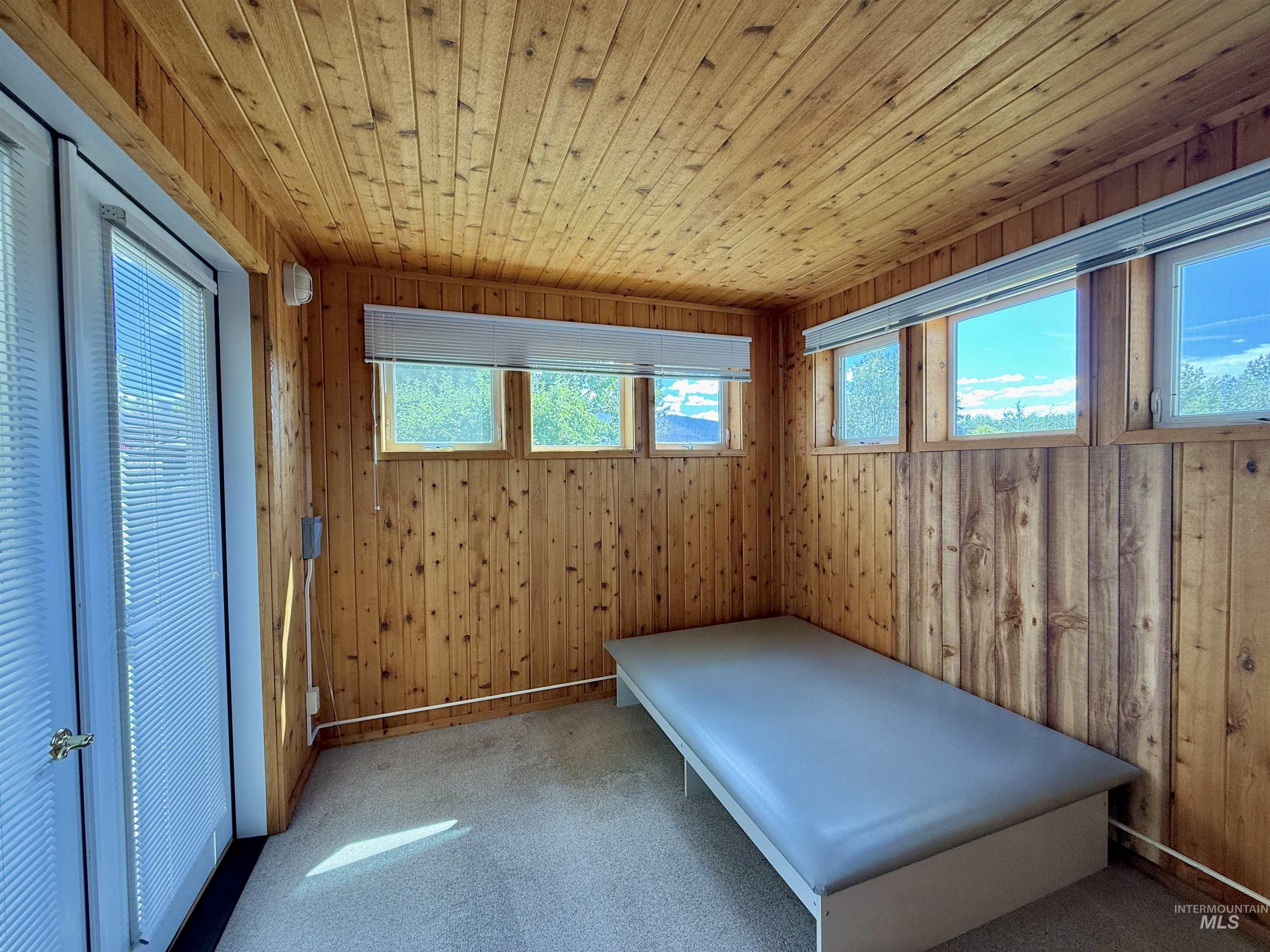 Unfurnished room with wood ceiling, wood walls, and carpet floors