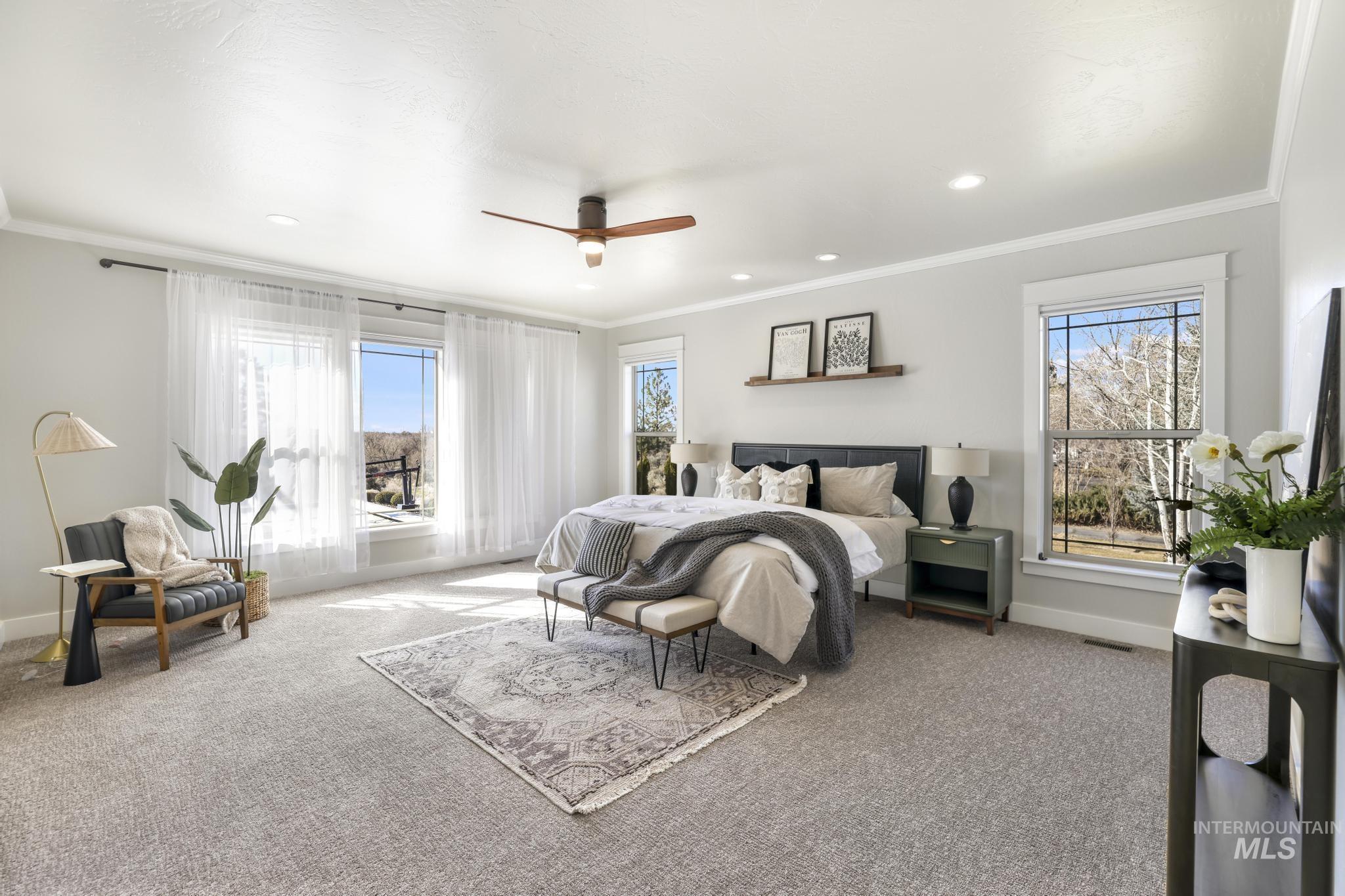 Bedroom with multiple windows, a ceiling fan, ornamental molding, carpet flooring, and recessed lighting