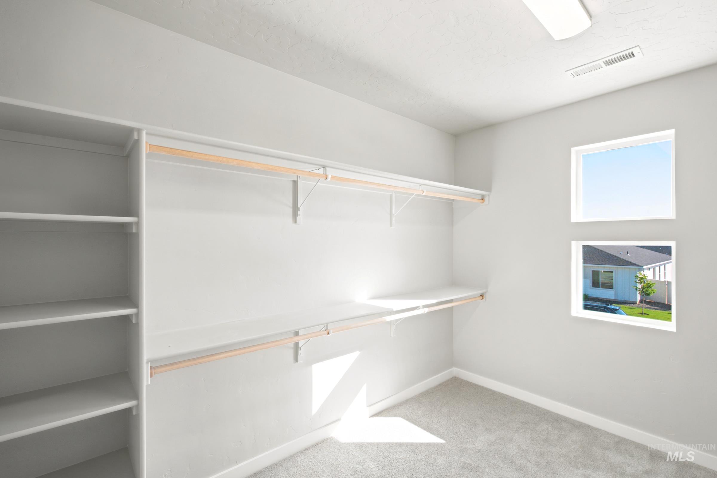 Spacious closet featuring built-in shelving, two levels of hanging rods, two windows providing natural light, and plush grey carpeting