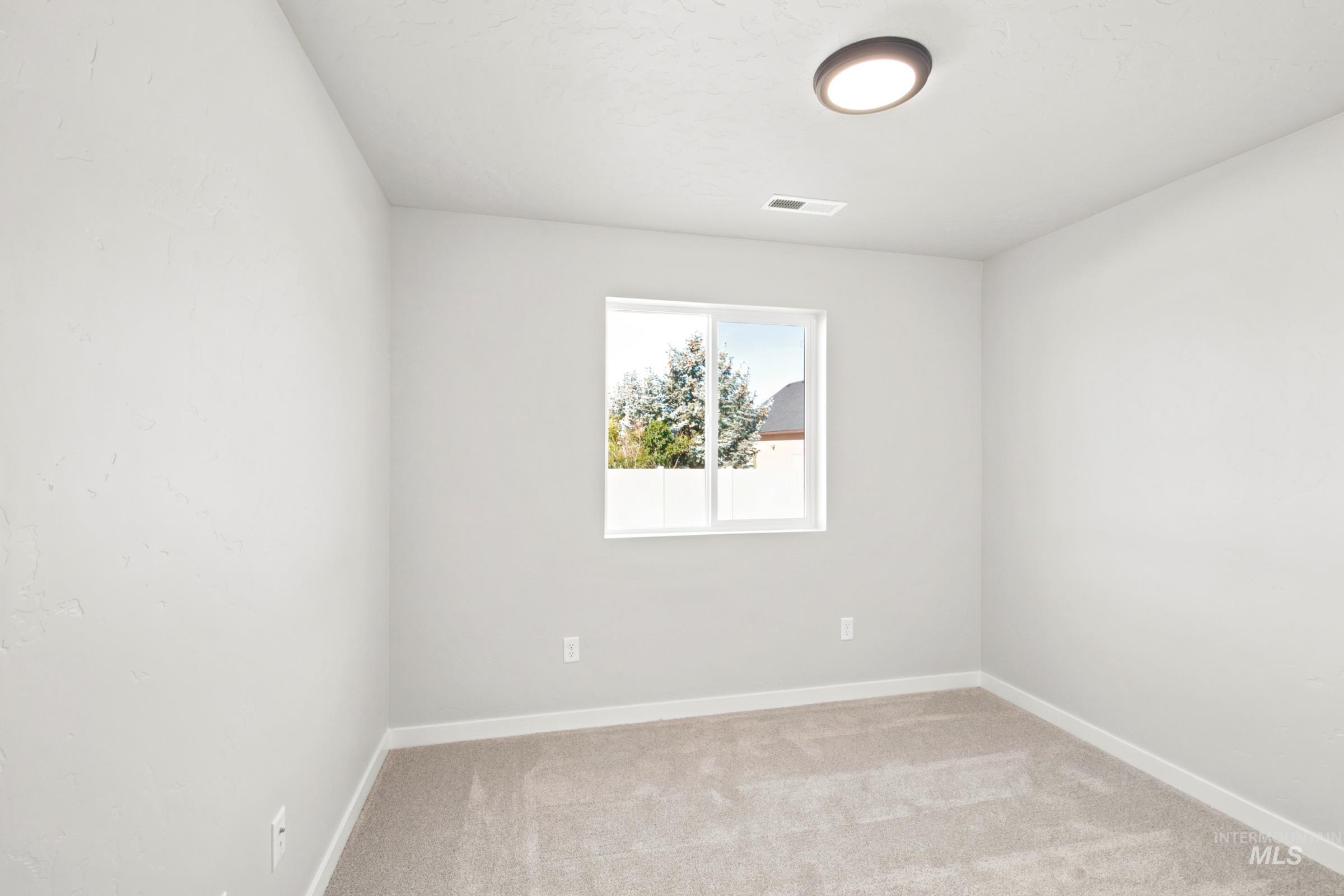 Neutral-toned room featuring a single window, light gray carpet, white baseboards, and an overhead flush-mount light fixture