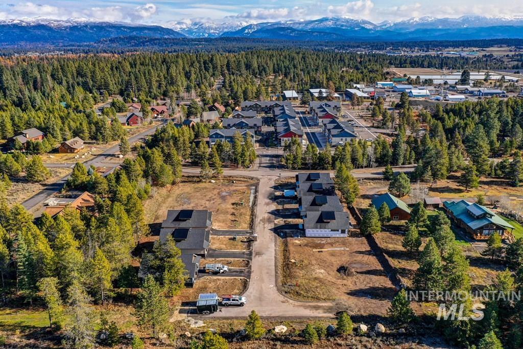 Aerial view of a heavily wooded area and a mountainous background