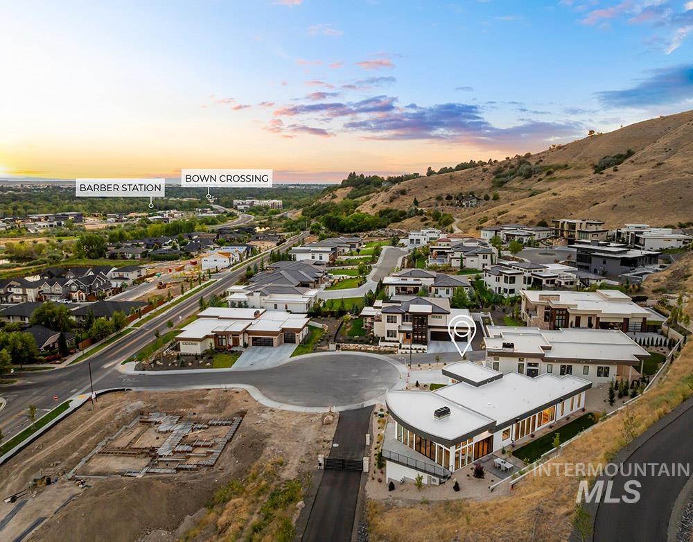 Aerial view at dusk of a residential view