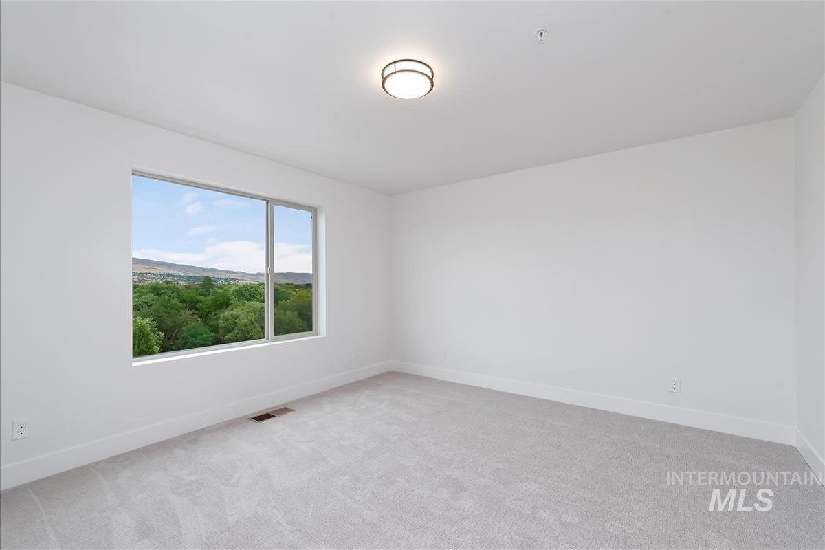 Spare room featuring light carpet and a mountain view