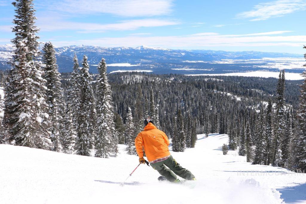 Snowy view of Bogus Basin skiier