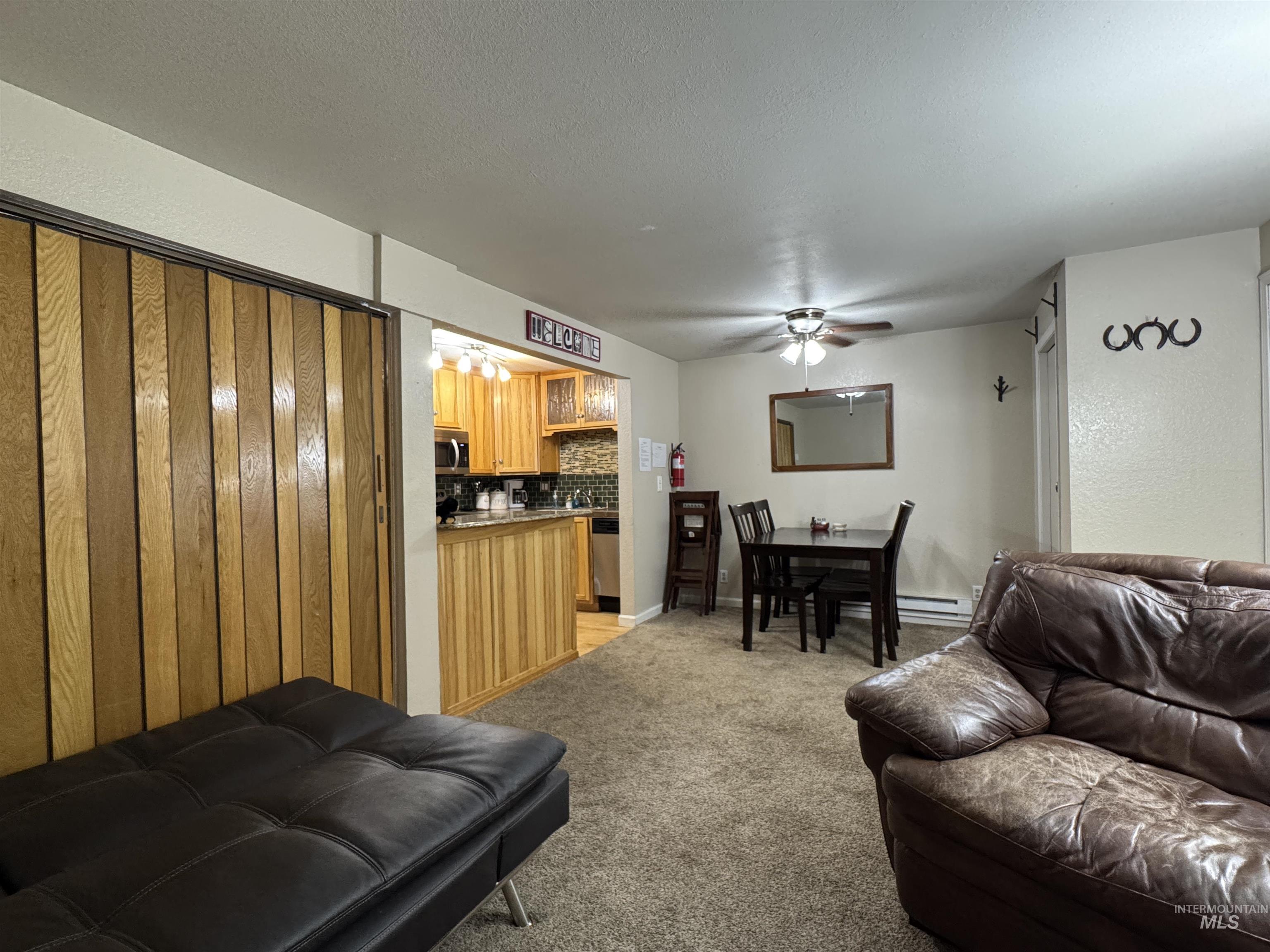 Living room featuring light colored carpet, ceiling fan, a textured ceiling, and a baseboard heating unit