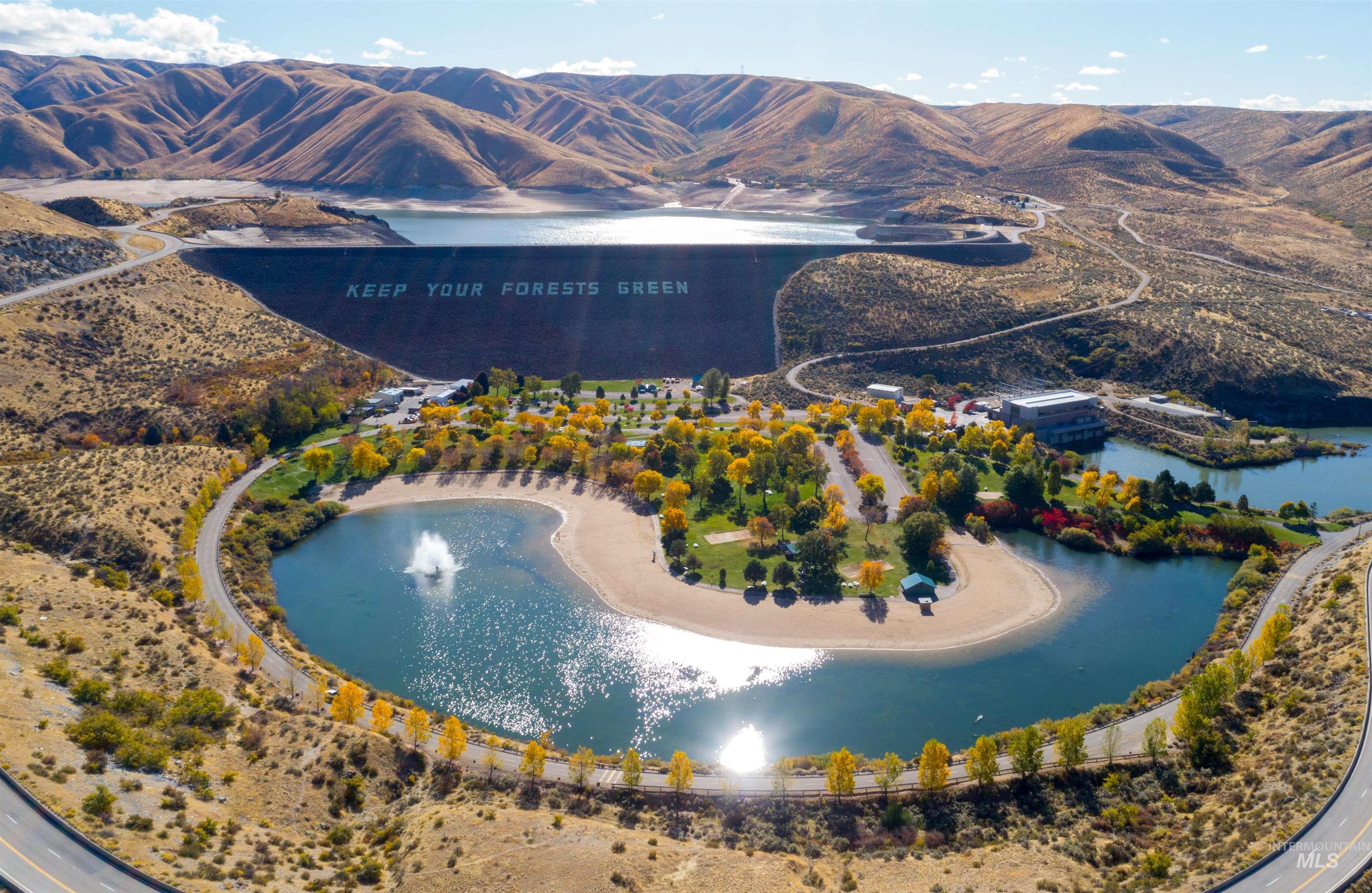 Aerial view of a water and mountain view