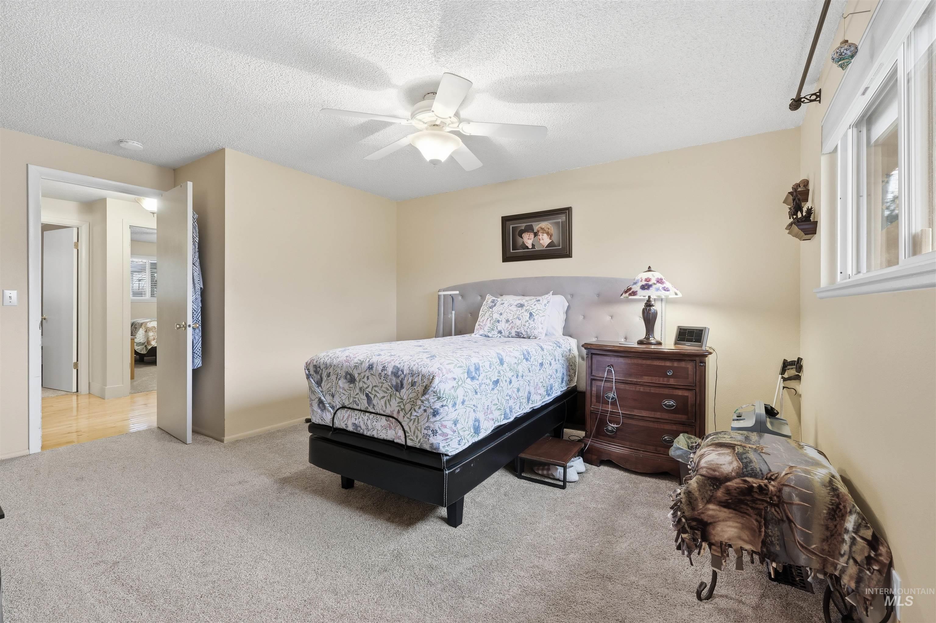 Bedroom with carpet flooring, a textured ceiling, a ceiling fan, and multiple windows