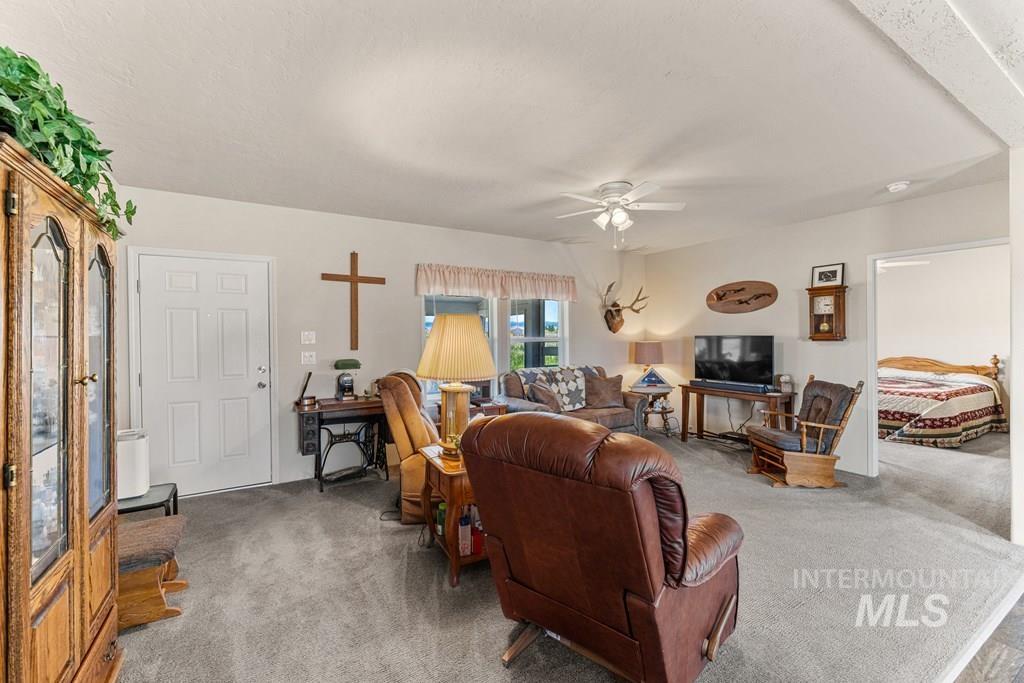 Carpeted living area featuring a ceiling fan