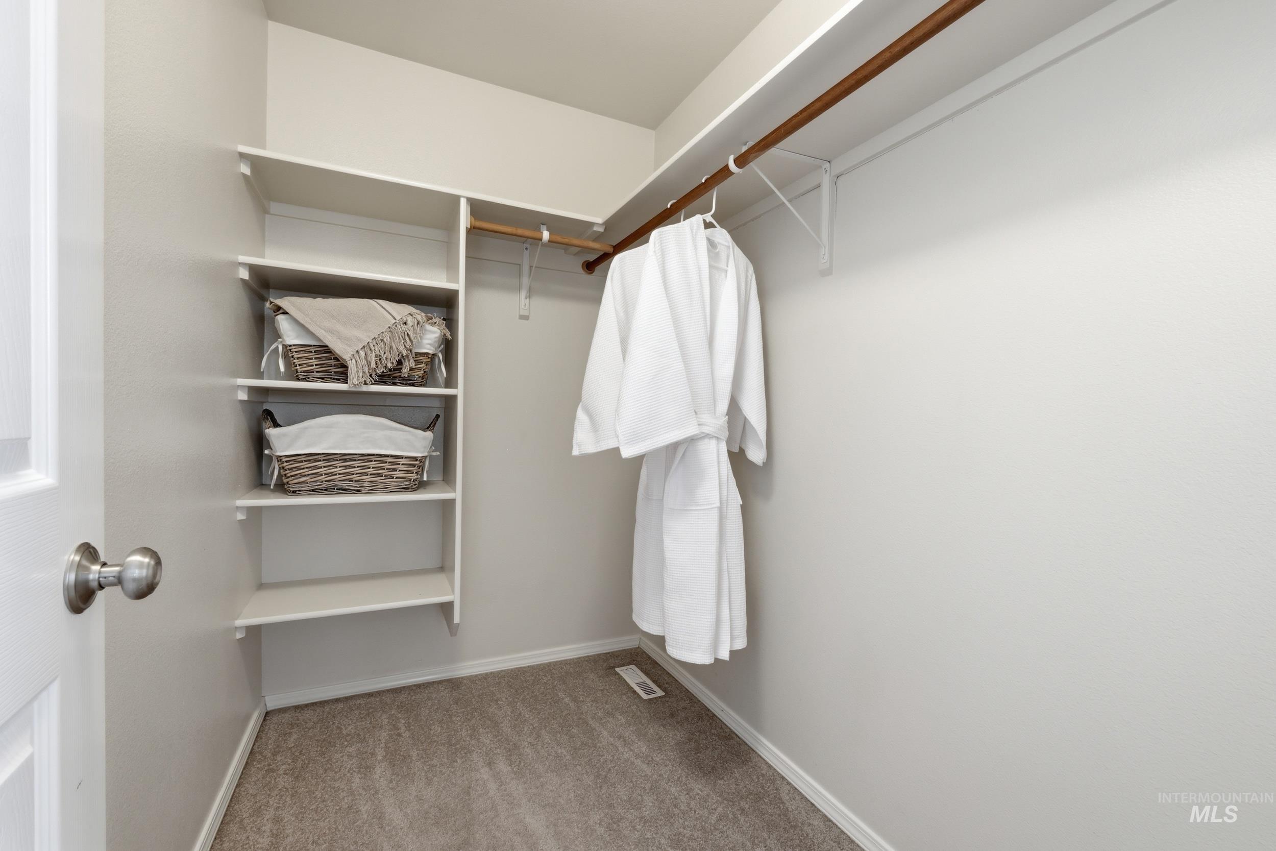 Walk-in closet featuring built-in shelving, white walls, light brown carpeting, and a wood-finish hanging rod