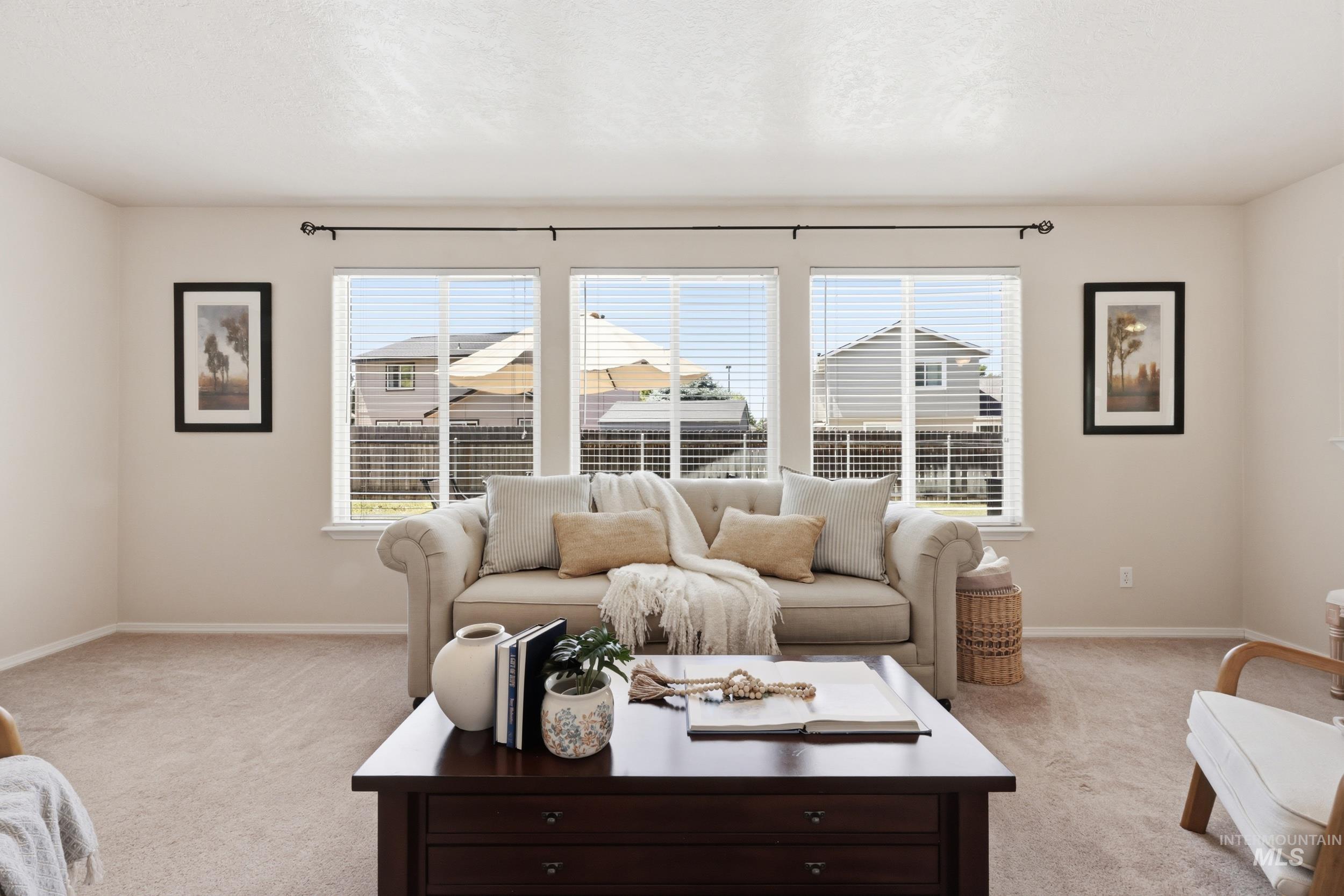 Living area featuring three large windows with blinds, light neutral wall paint, and plush carpet flooring