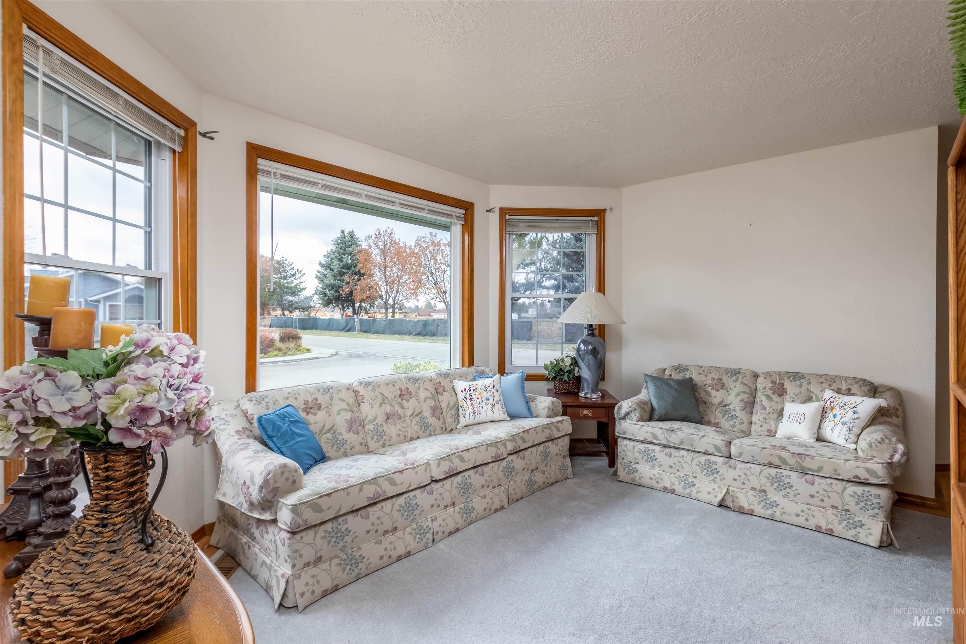 Living room featuring carpet floors and a textured ceiling