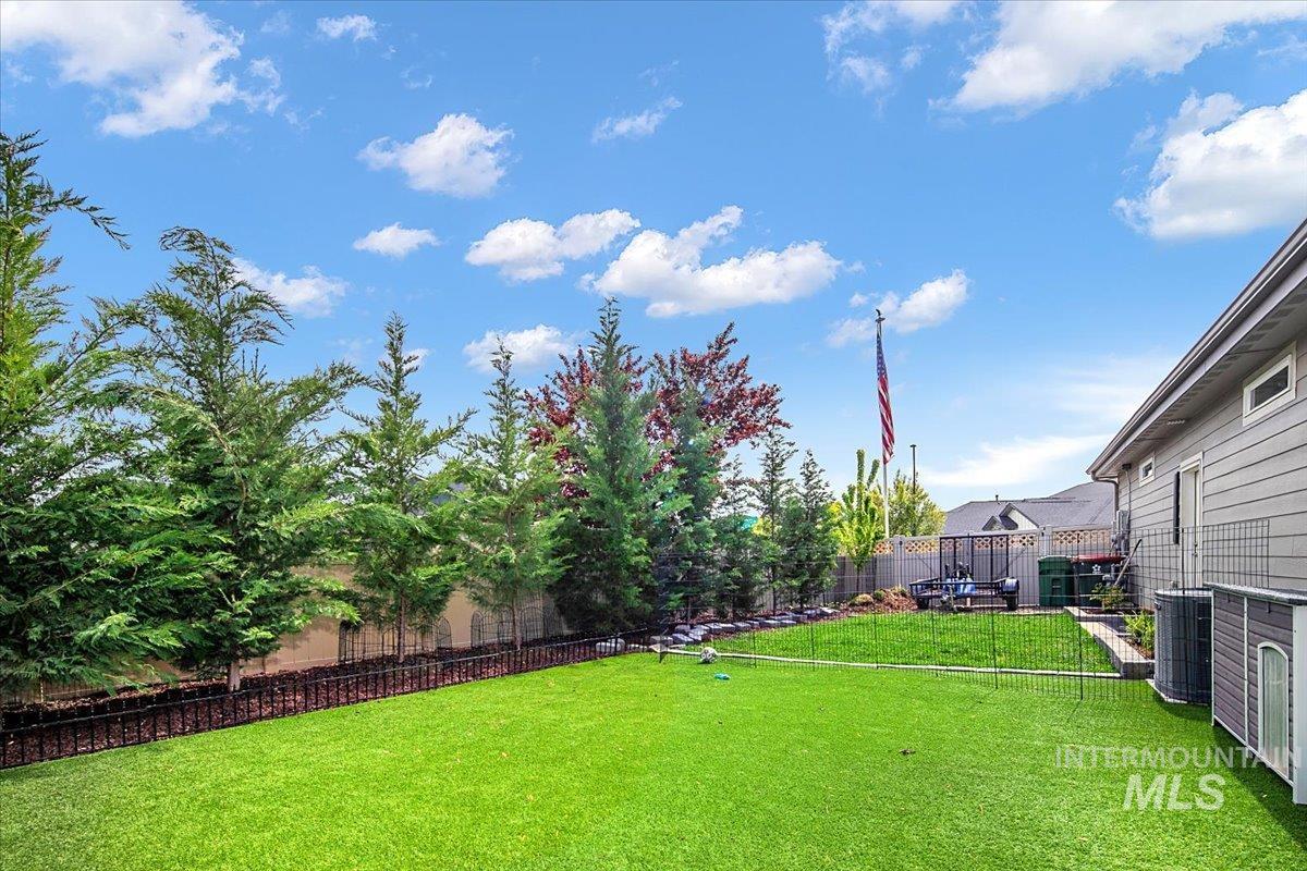 Expansive green lawn with established privacy trees along the perimeter