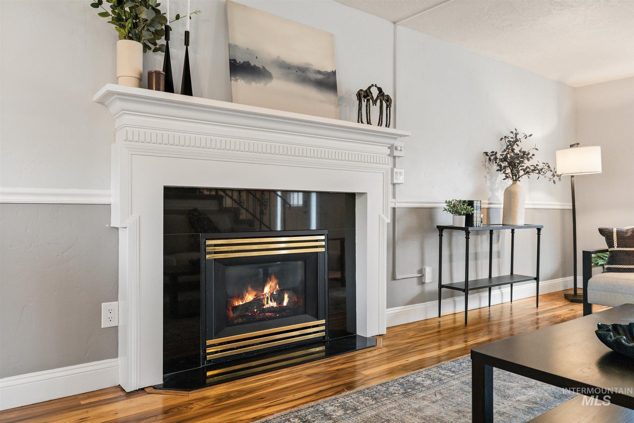 Detailed view of a glass covered fireplace and wood finished floors