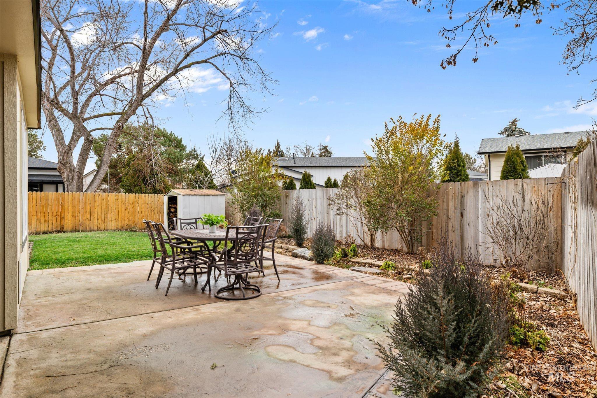 Fenced backyard with a shed, outdoor dining area, and a patio