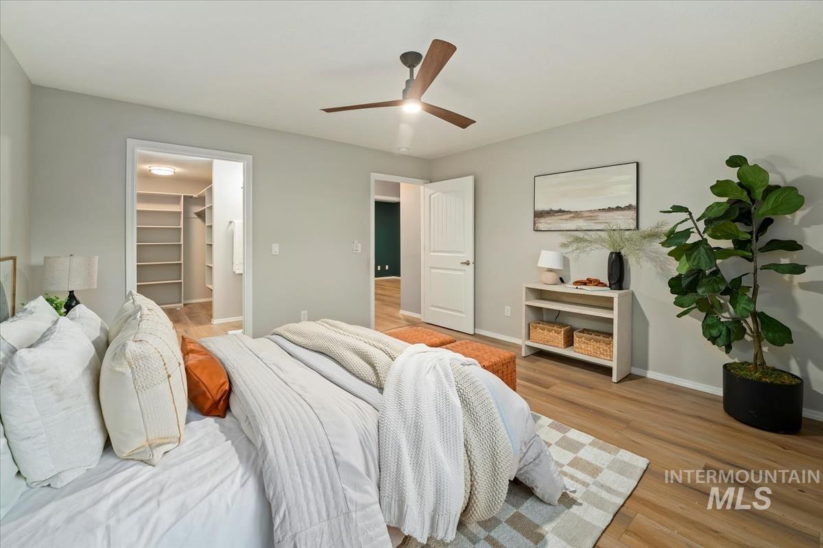 Bedroom featuring light wood-style floors, a ceiling fan, and a spacious closet