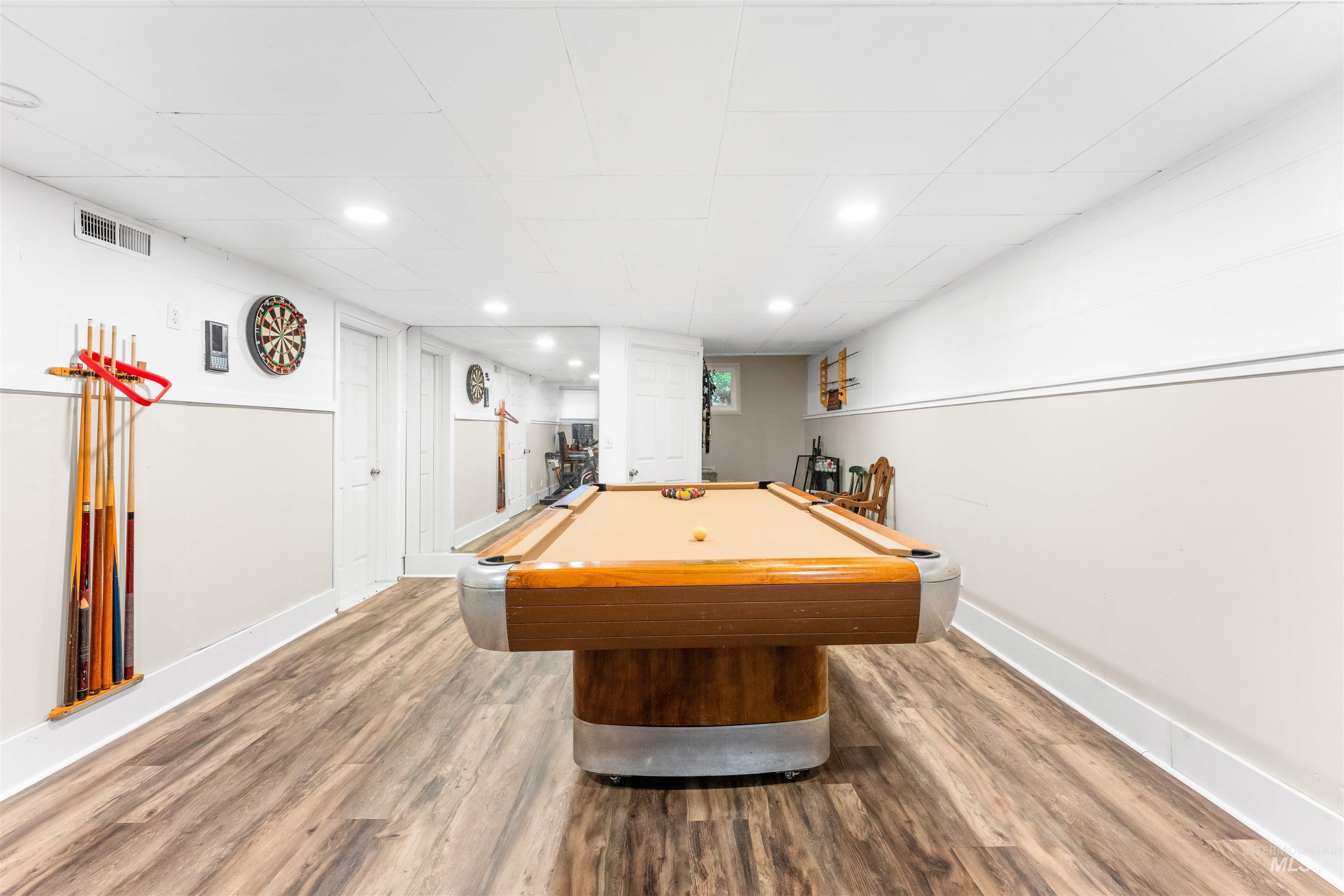 Playroom with pool table, wood finished floors, and recessed lighting
