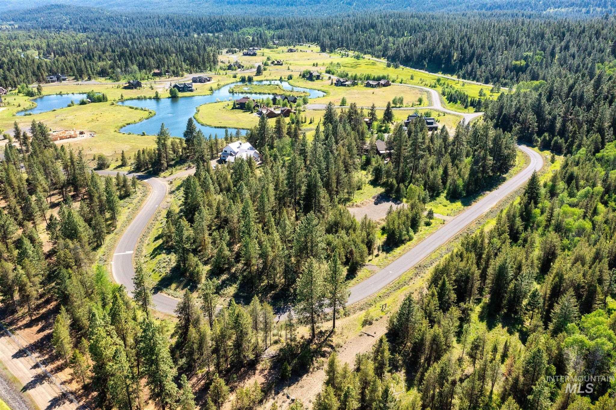 Drone / aerial view of a heavily wooded area and a nearby body of water