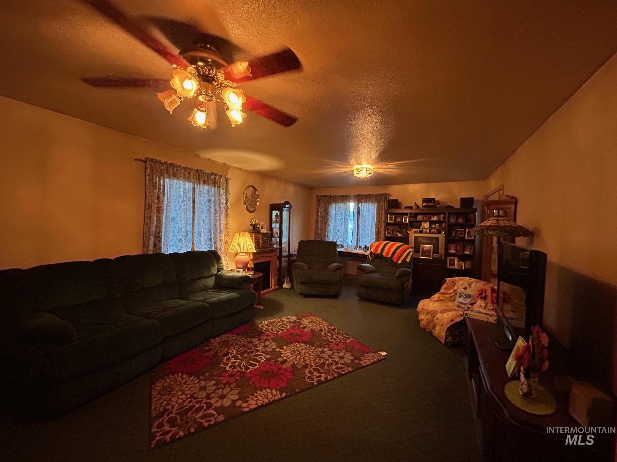 Carpeted living area with a textured ceiling and ceiling fan