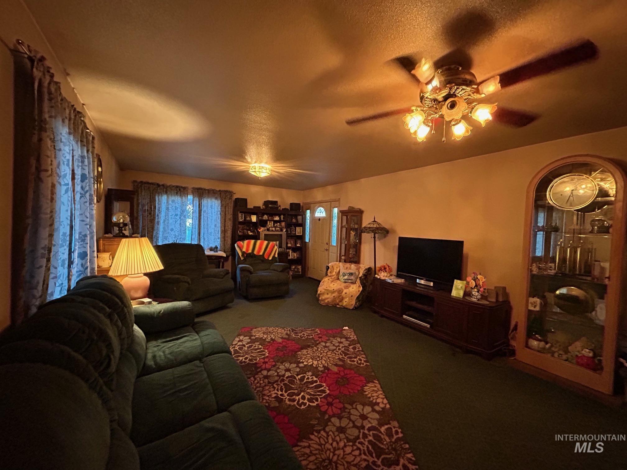 Carpeted living area with ceiling fan and a textured ceiling