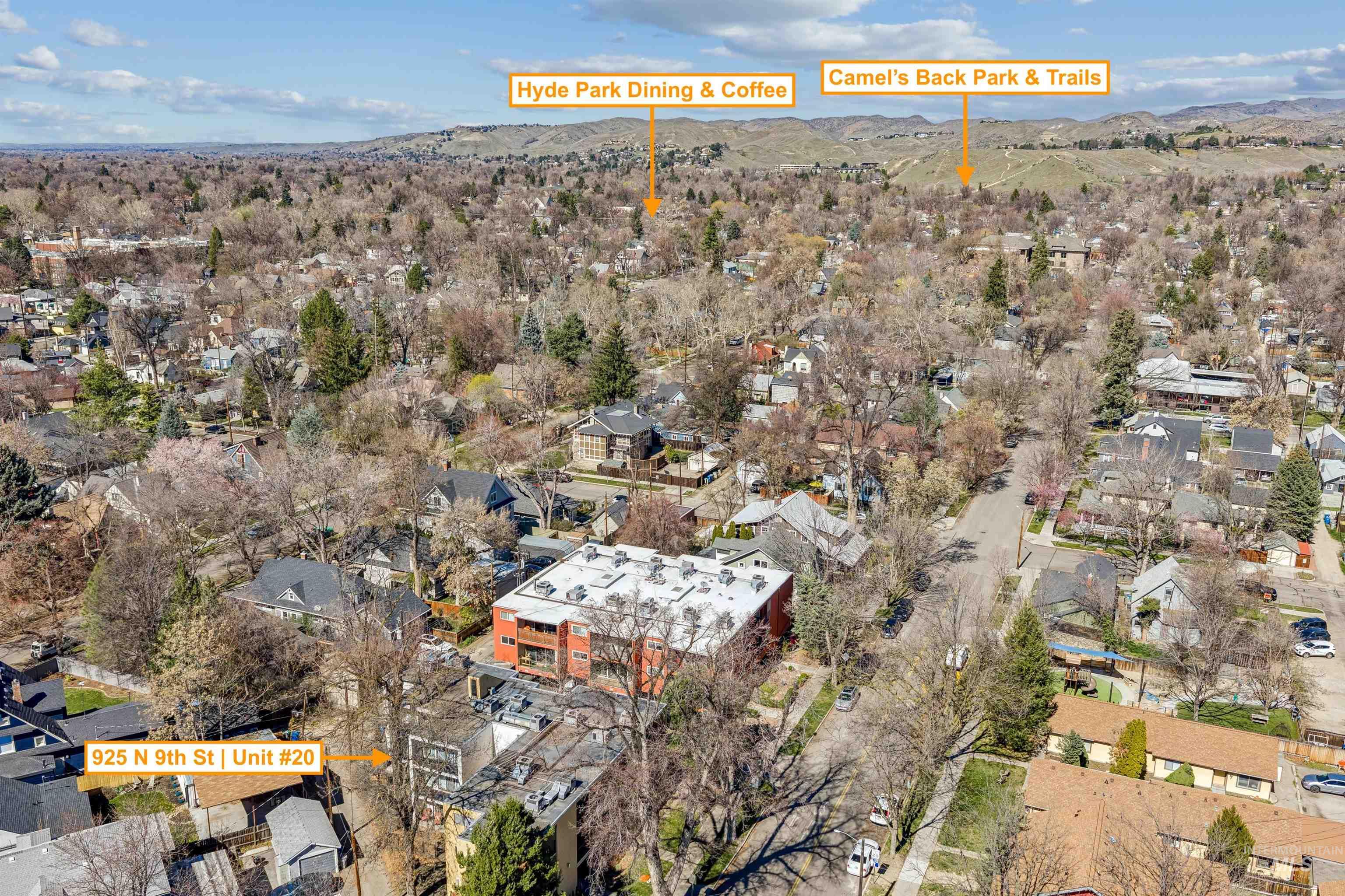 Aerial perspective of suburban area featuring a mountain backdrop