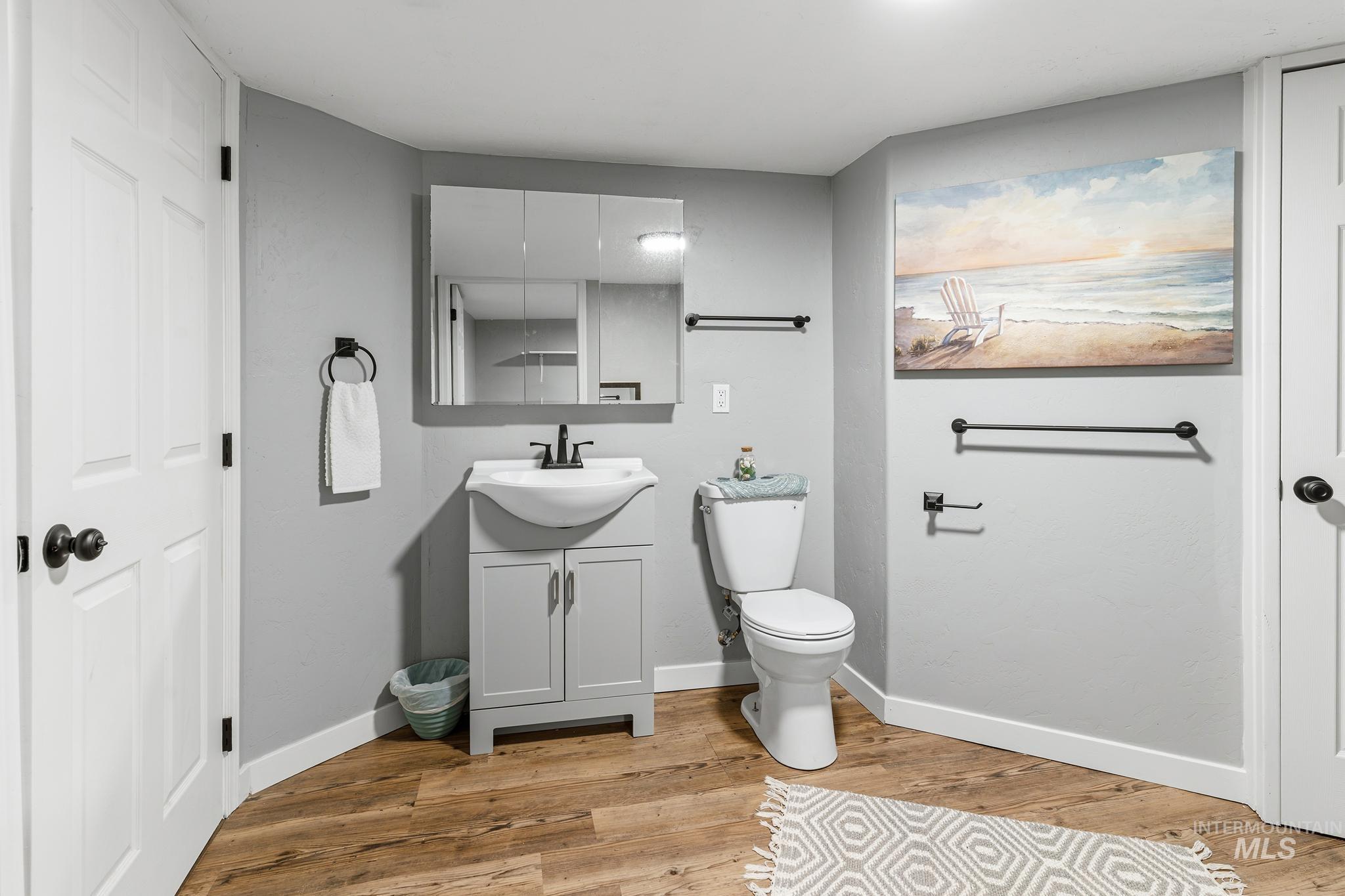 Bathroom featuring a pedestal sink vanity with cabinet storage, wood-finish flooring, and matte black fixtures