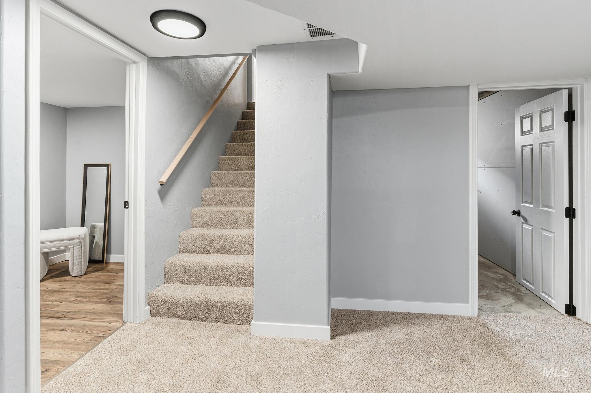 Carpeted staircase featuring a light wood-finish handrail