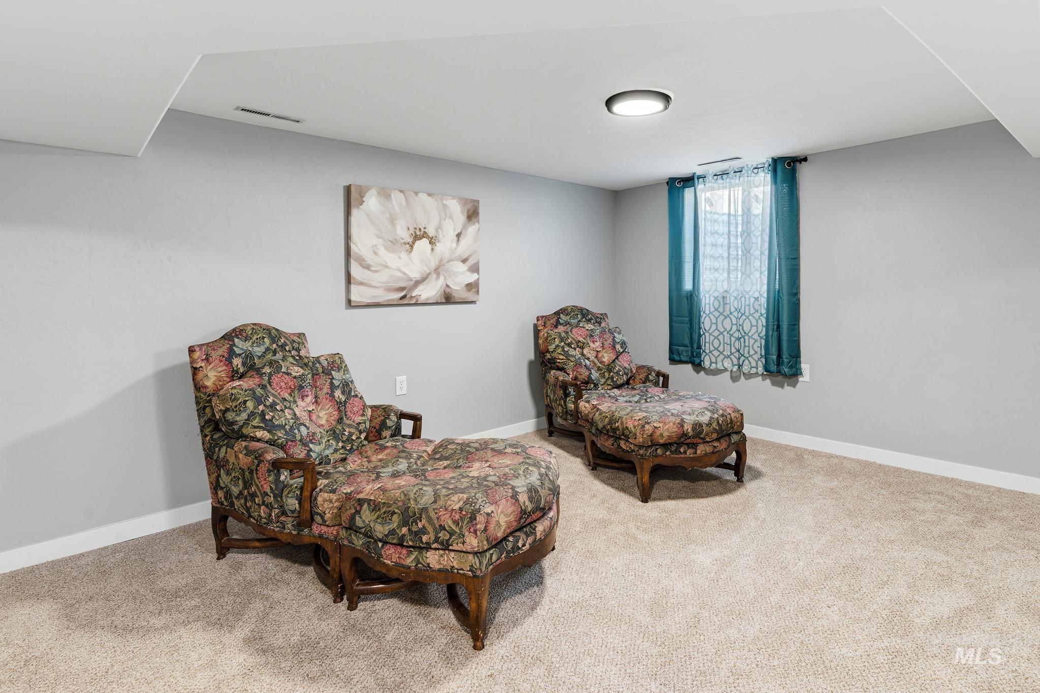 Carpeted interior space featuring light grey walls, white trim, and a ceiling-mounted light fixture