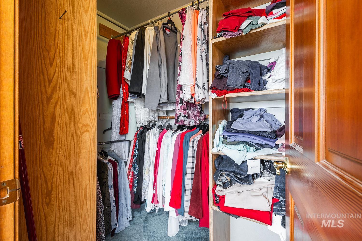 Walk in closet with dark colored carpet