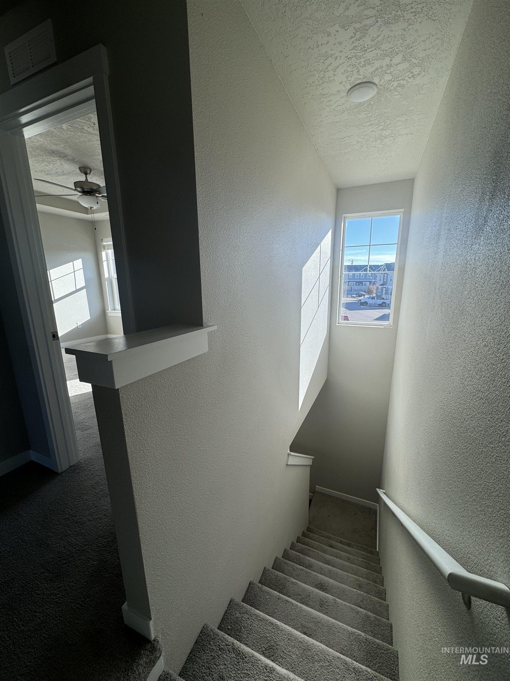Stairway with a textured wall, carpet, a textured ceiling, and ceiling fan