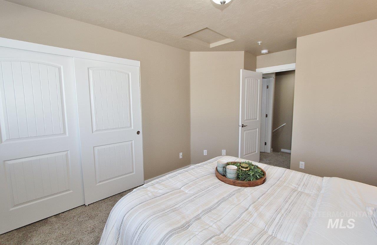 Bedroom featuring textured neutral carpeting, light beige wall paint, white trim, and a white paneled closet with bi-fold doors
