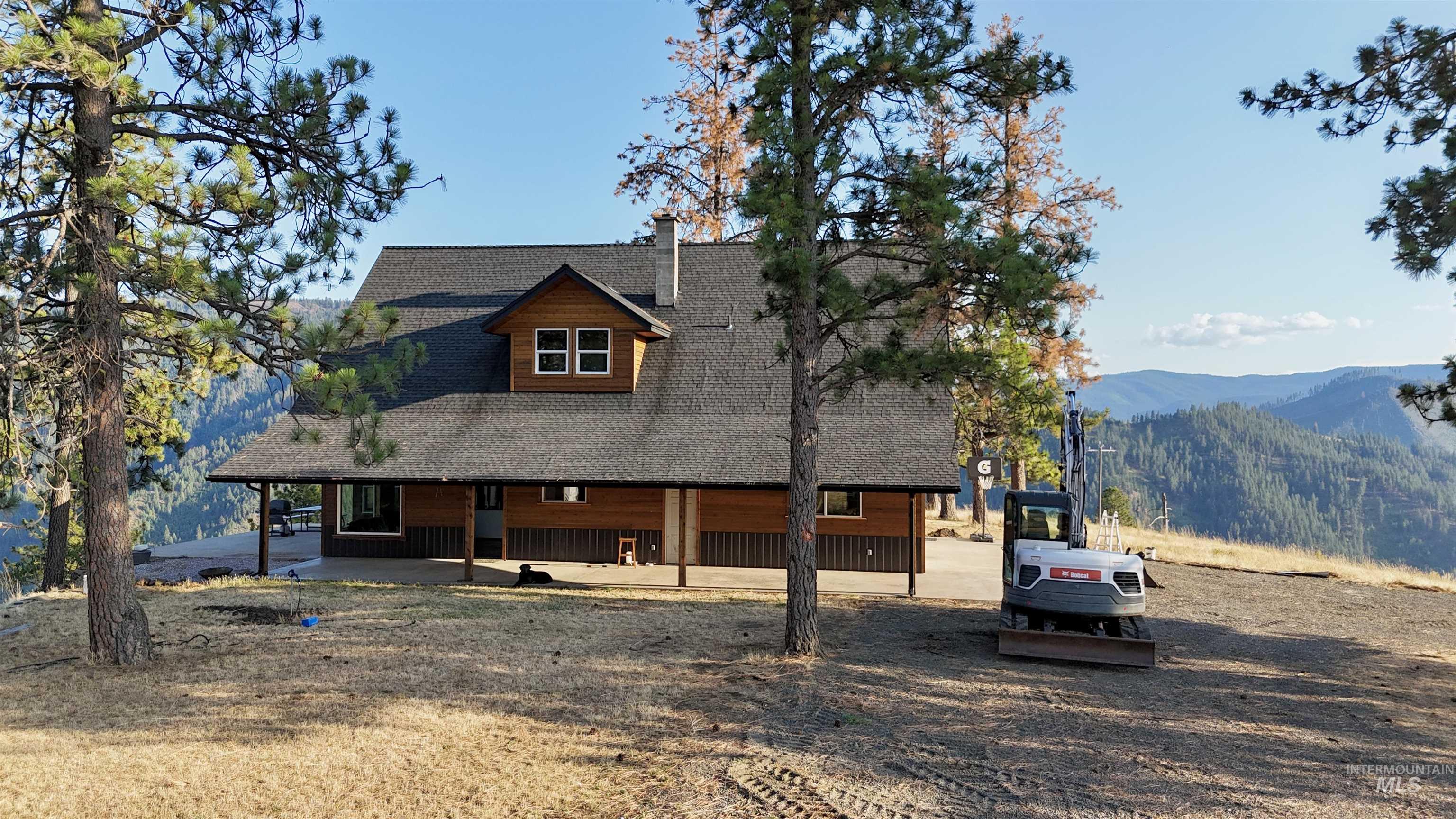 View of front of property with a shingled roof, a porch, and a mountain view