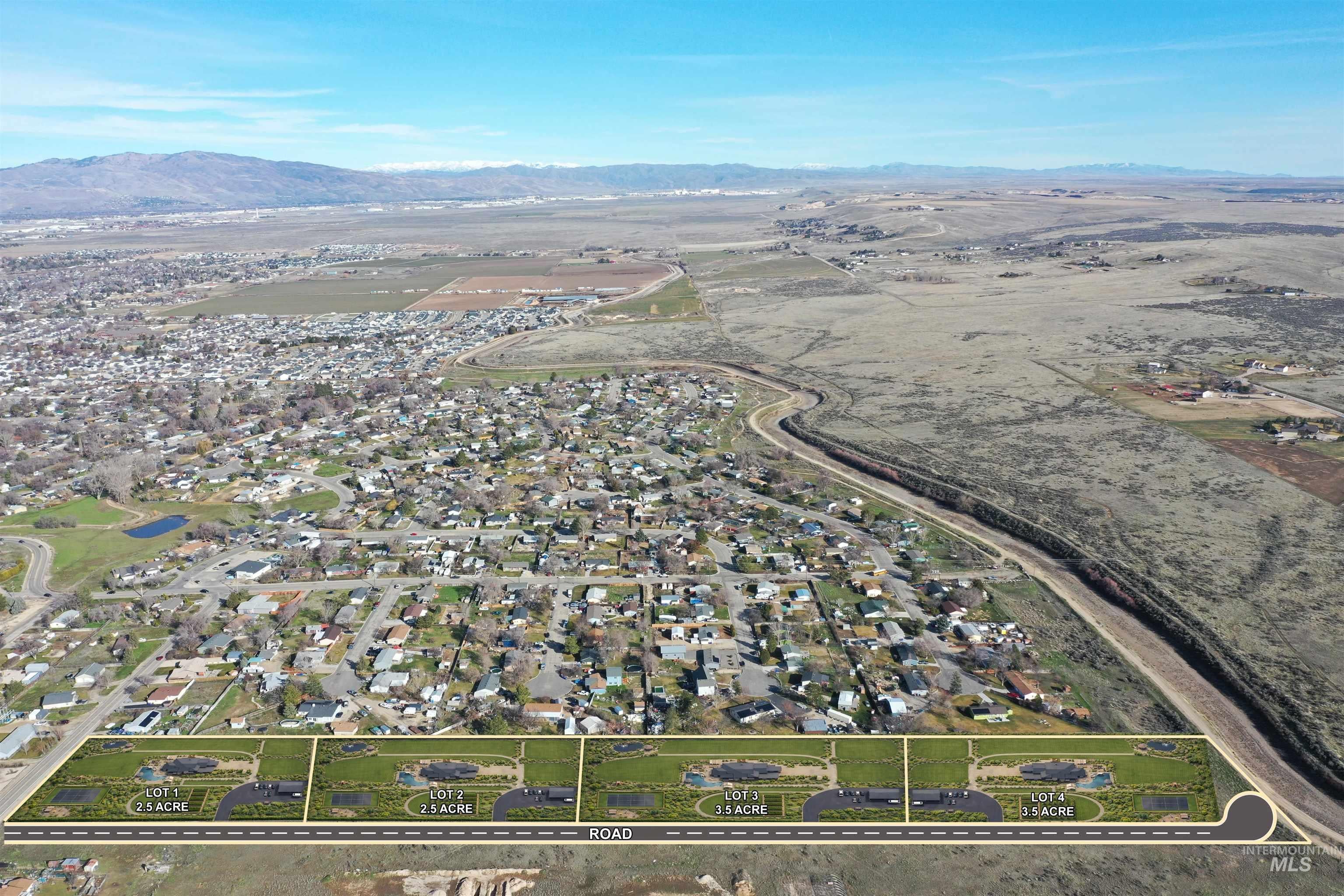 Aerial view of residential area featuring mountains