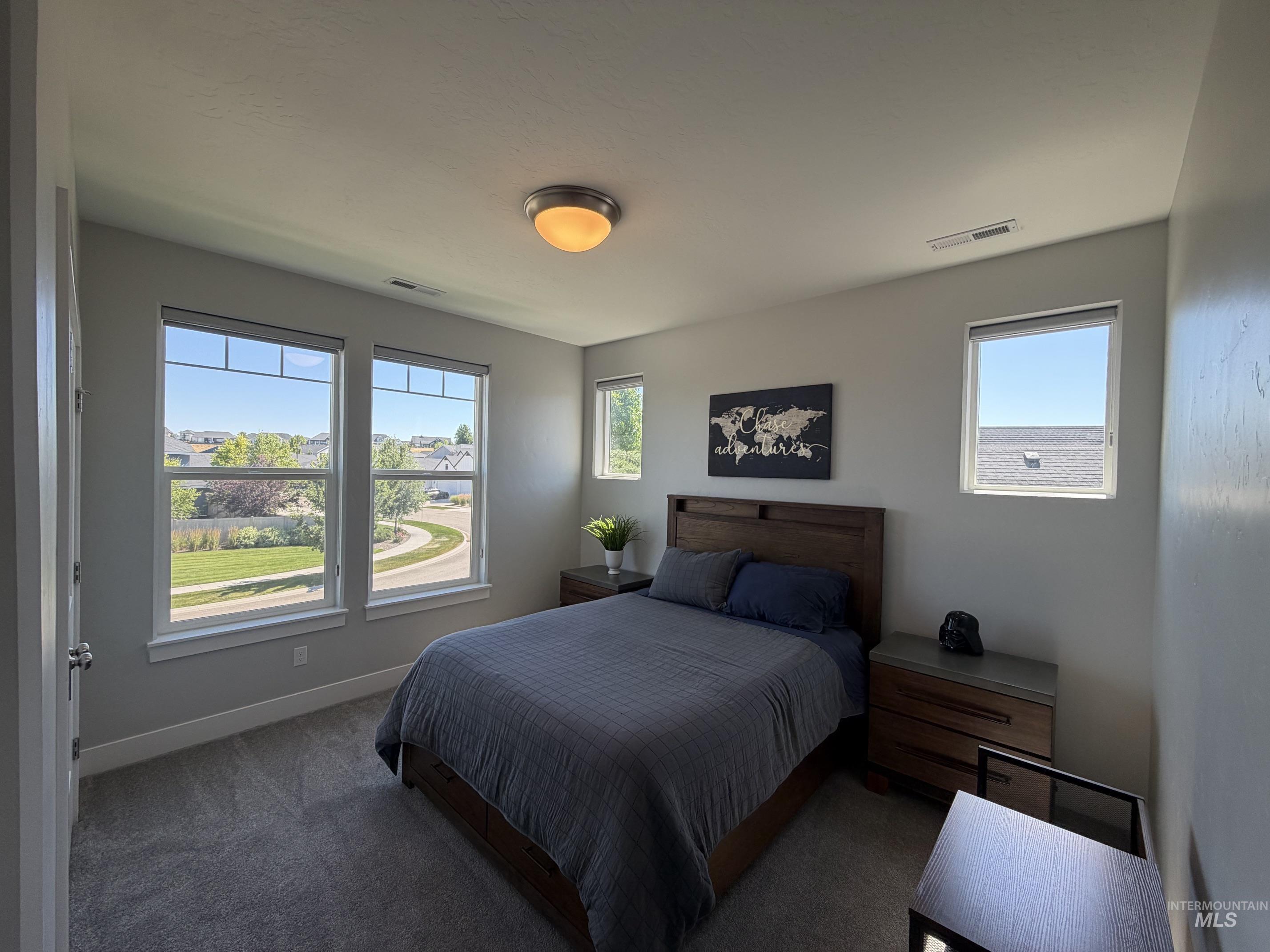 Bedroom featuring light gray walls, plush gray carpet, and multiple windows