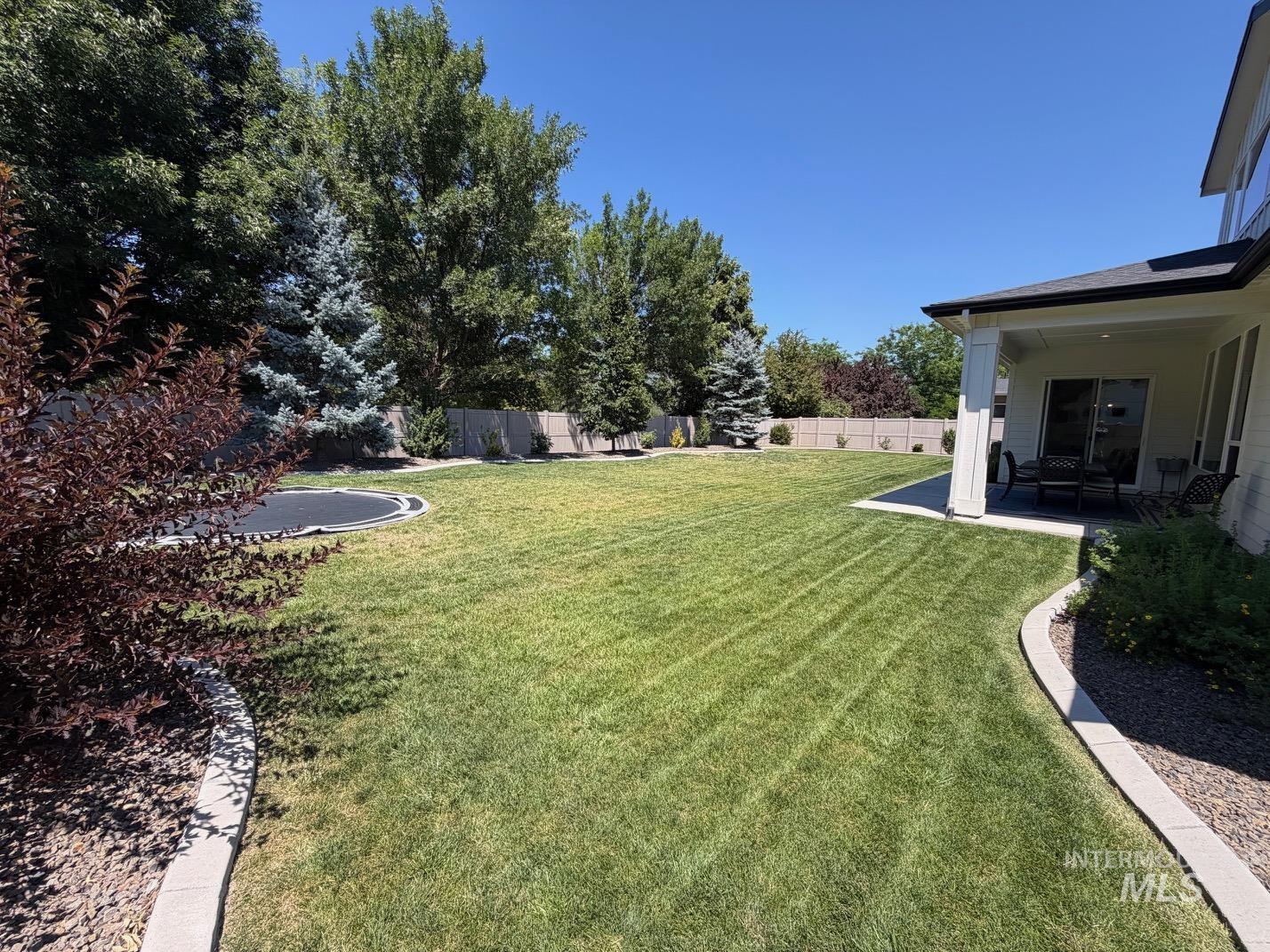 Expansive backyard featuring a lush lawn, mature perimeter trees, and concrete curbing defining garden beds