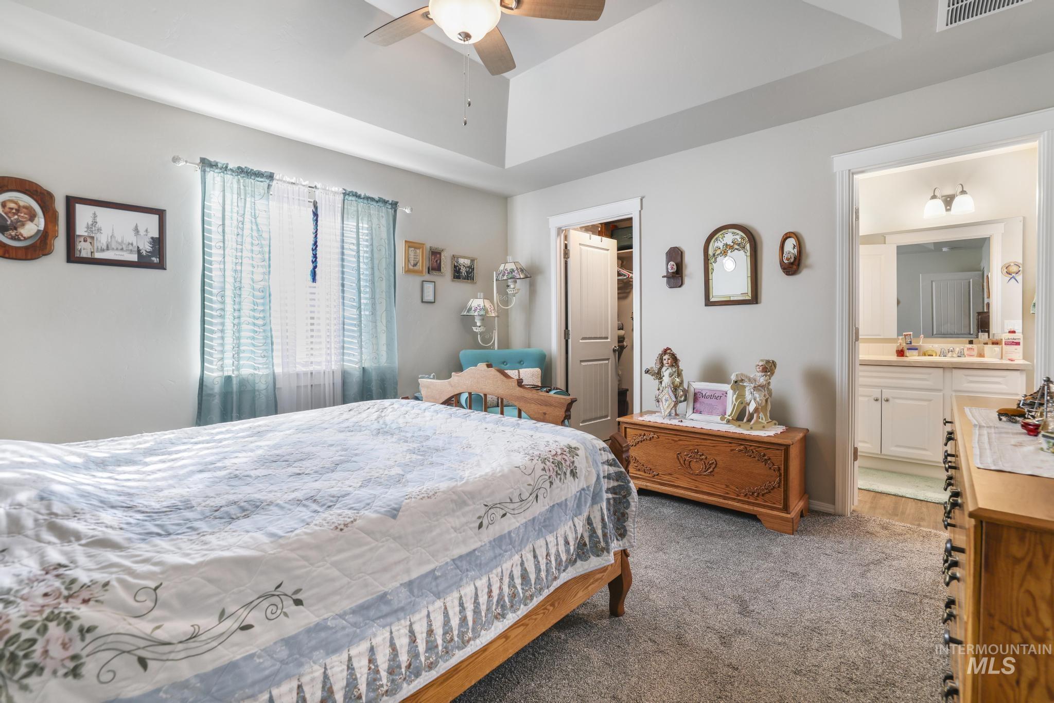 Bedroom featuring carpet floors, ceiling fan, ensuite bathroom, and a spacious closet