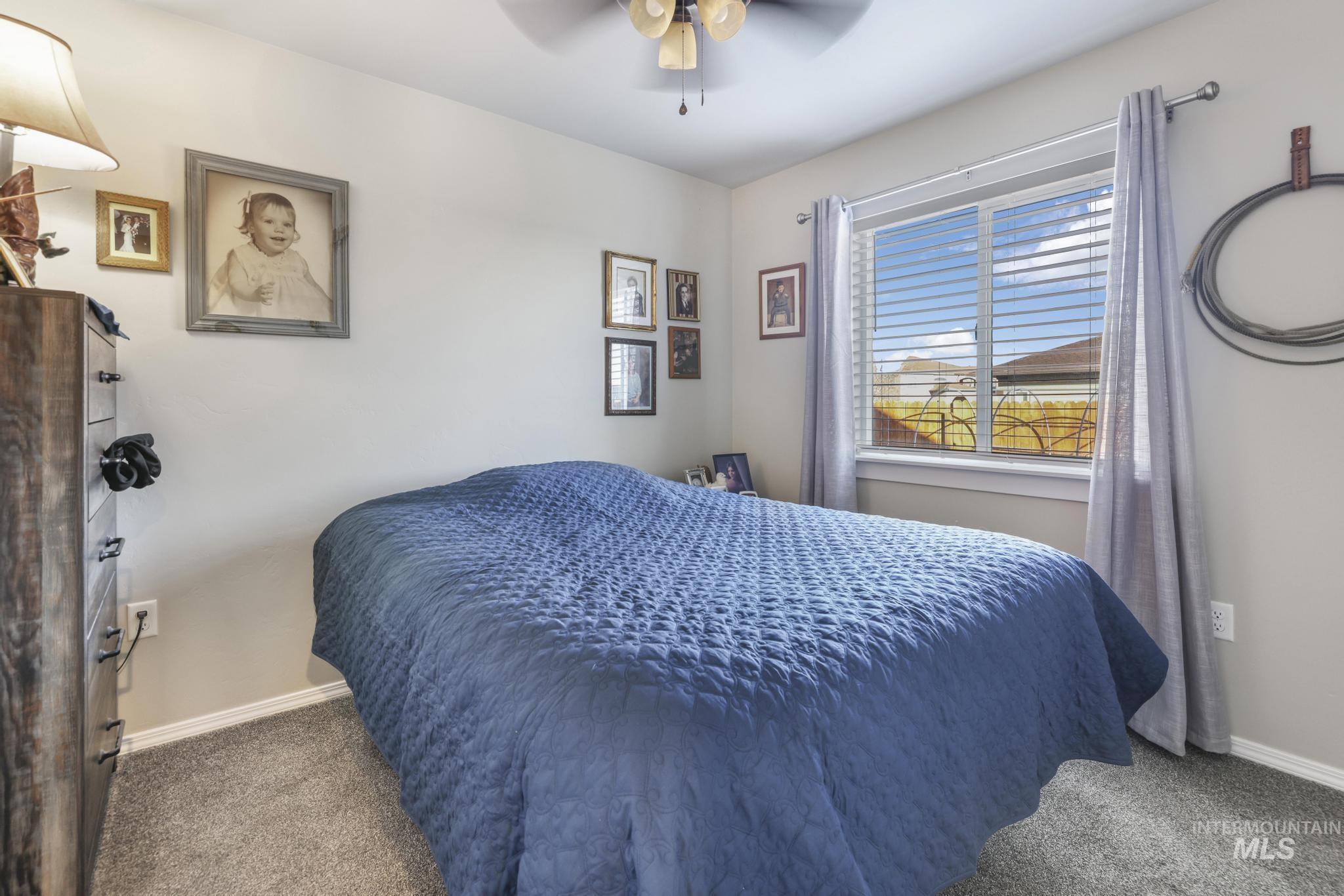 Bedroom featuring carpet floors and ceiling fan