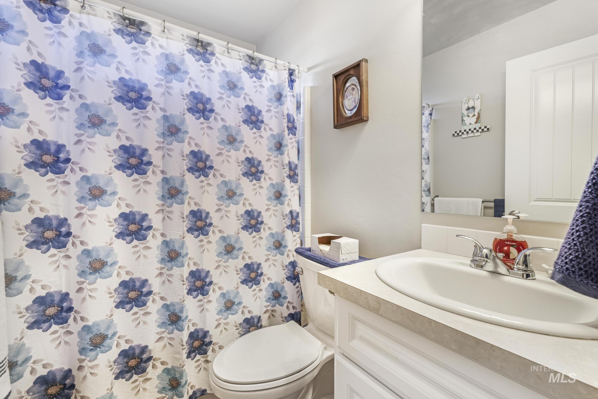 Bathroom with vanity and a shower with shower curtain