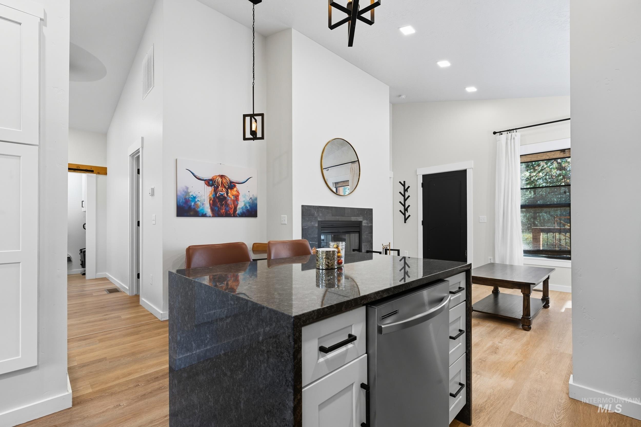 Kitchen featuring dark stone countertops, a tiled fireplace, light wood finished floors, stainless steel dishwasher, and white cabinetry