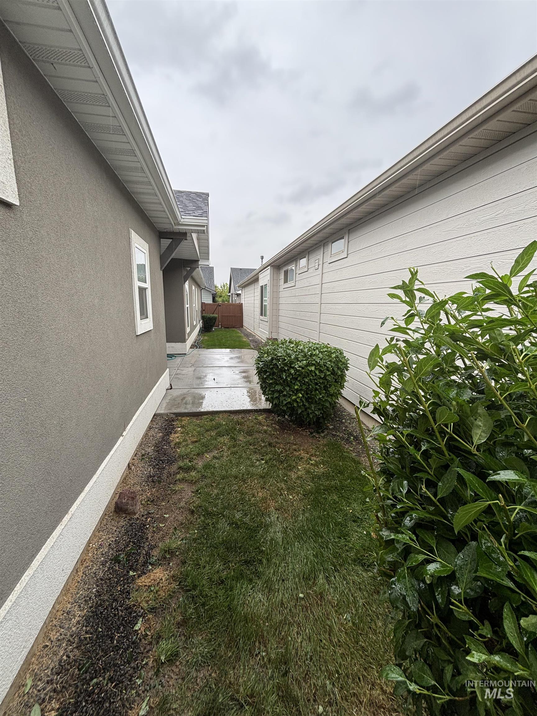 Exterior pathway featuring a concrete walkway, established shrubbery, and a partial lawn area