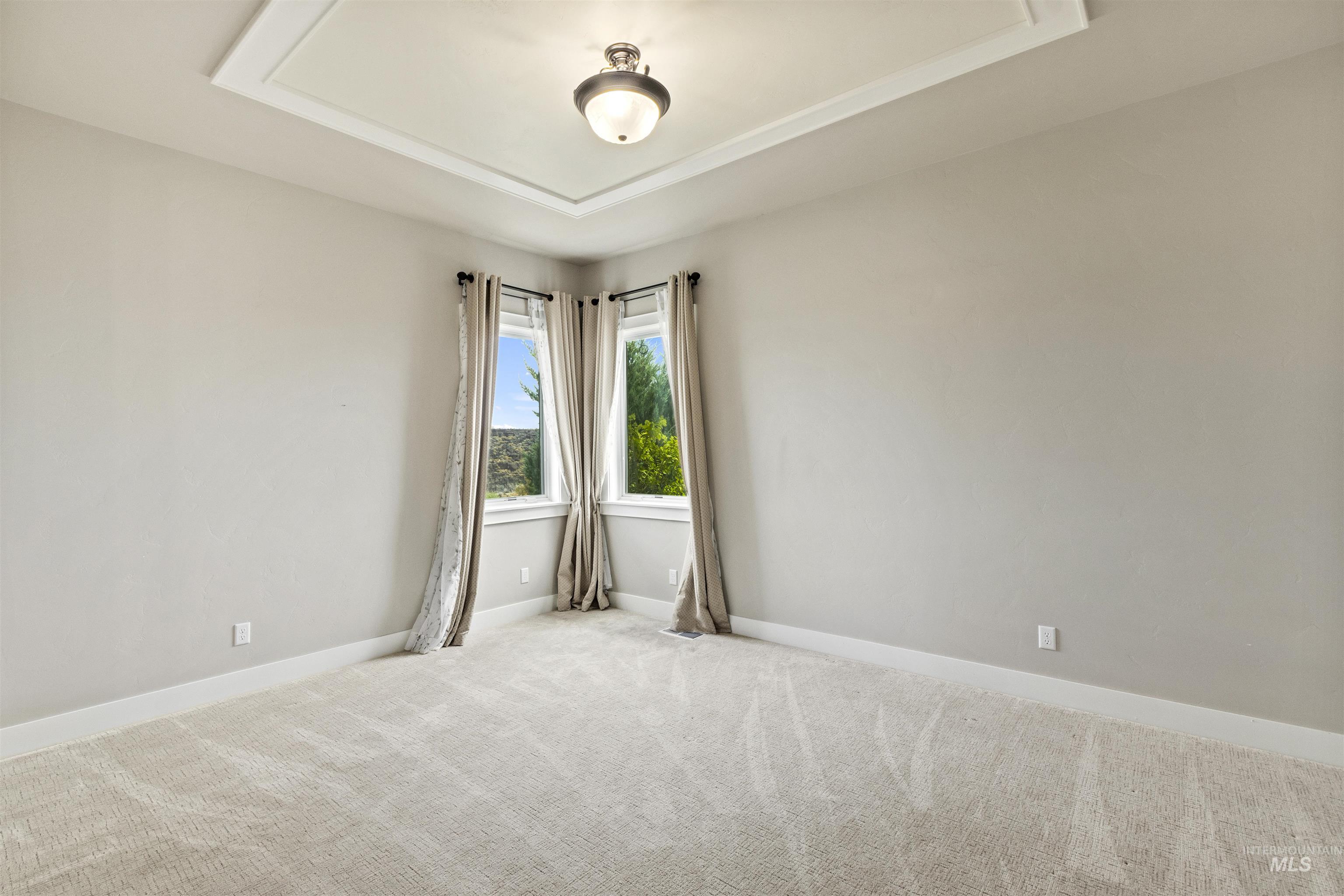 Spare room with carpet floors and a tray ceiling