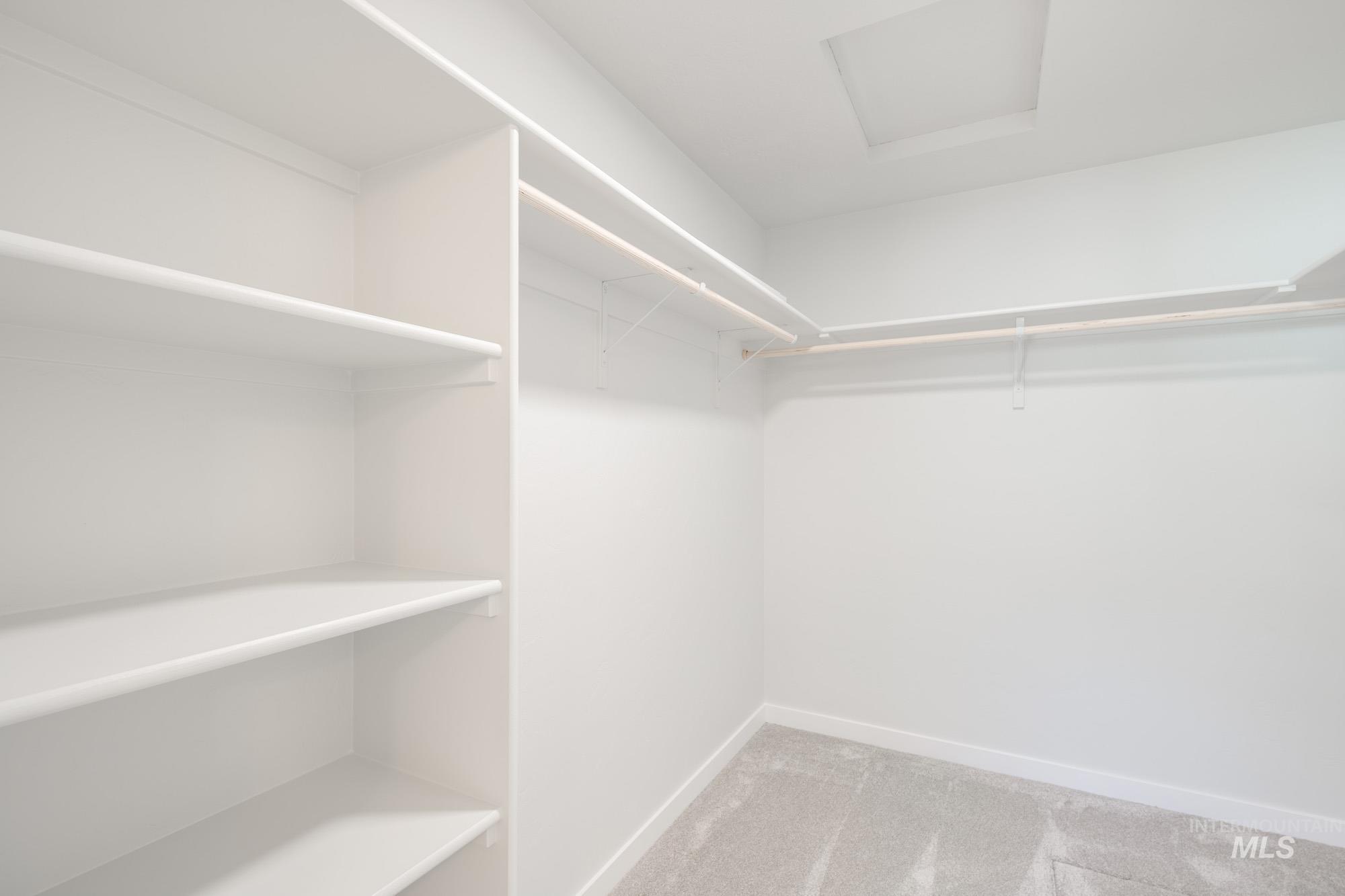 Spacious closet featuring light colored carpet and attic access