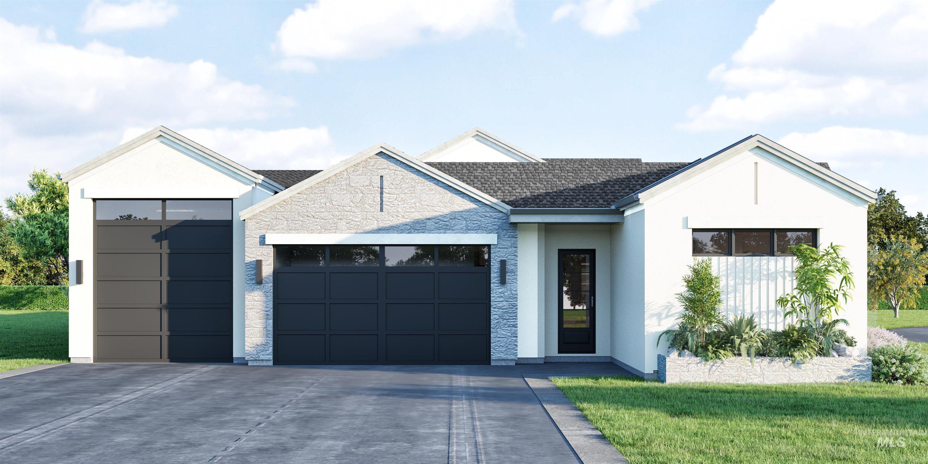 View of front of home featuring concrete driveway, stone siding, an attached garage, a front lawn, and roof with shingles